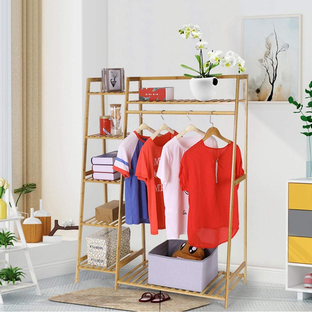 LefuTonk 5-Tier Bamboo Garment Rack - Sturdy Shoe & Clothing Storage Organizer with Solid Suspension Rod - Perfect for Coats, Dresses, Pants & Hats - Ideal for Bedroom, Closet & Entryway Organization