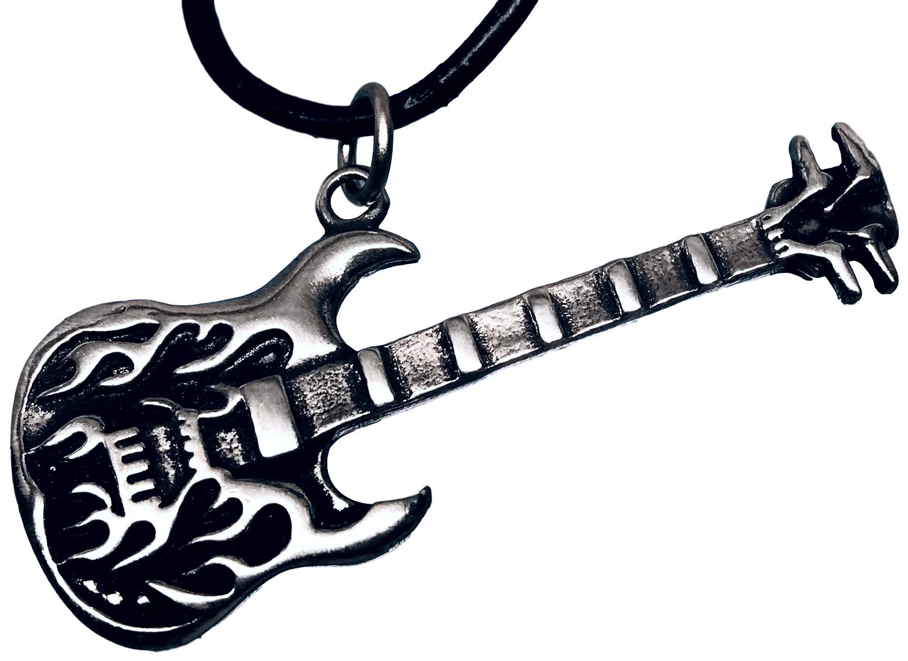 Trilogy Jewelry Pewter Electric Bass Guitar Pendant with Flames Design - Perfect for Musicians, Rock Fans & Unique Gift Giving