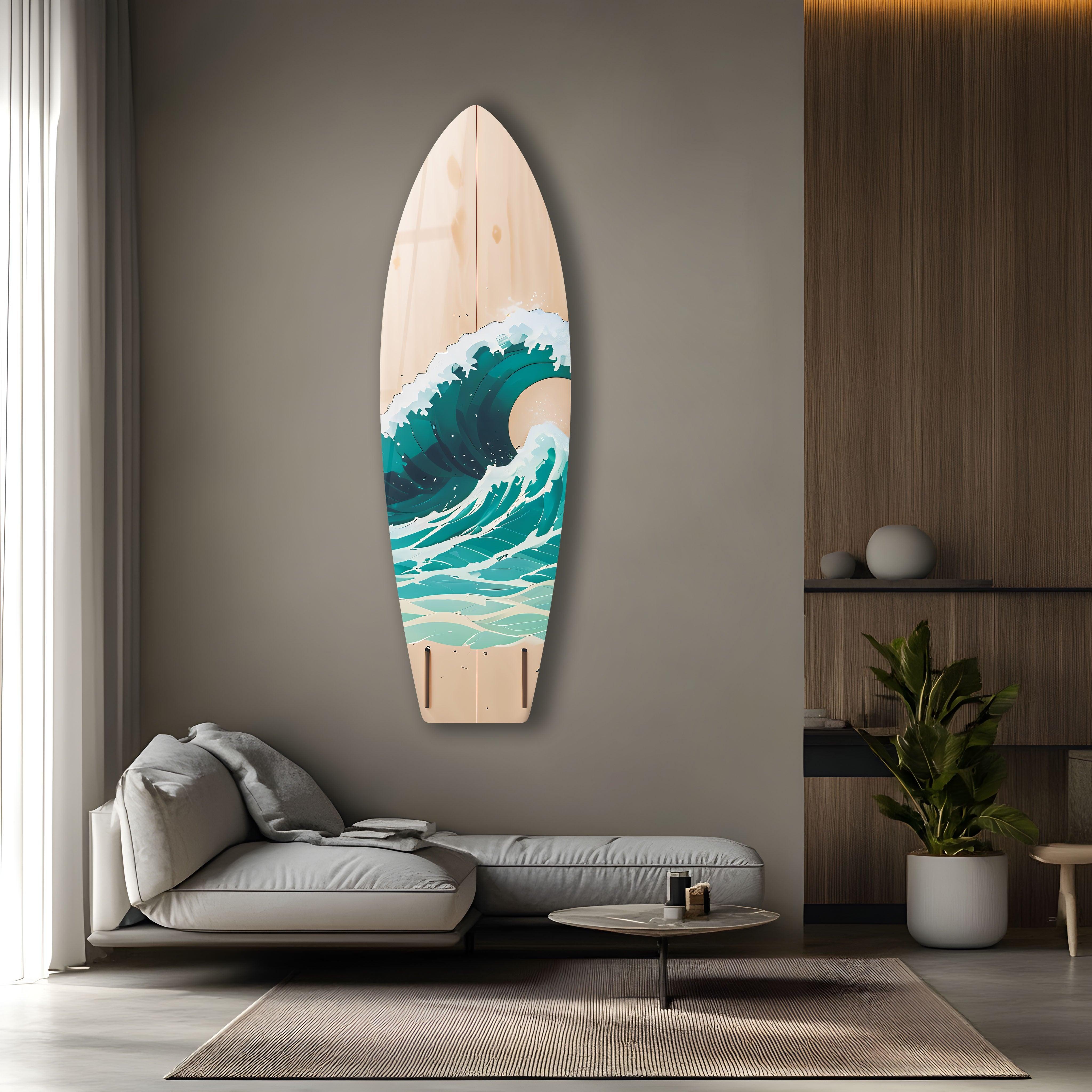Beige & Ocean Waves Surfboard Wall Art - Coastal Beach Decor for Living Room, Bedroom & Office - Perfect Surfing Theme Home Decoration