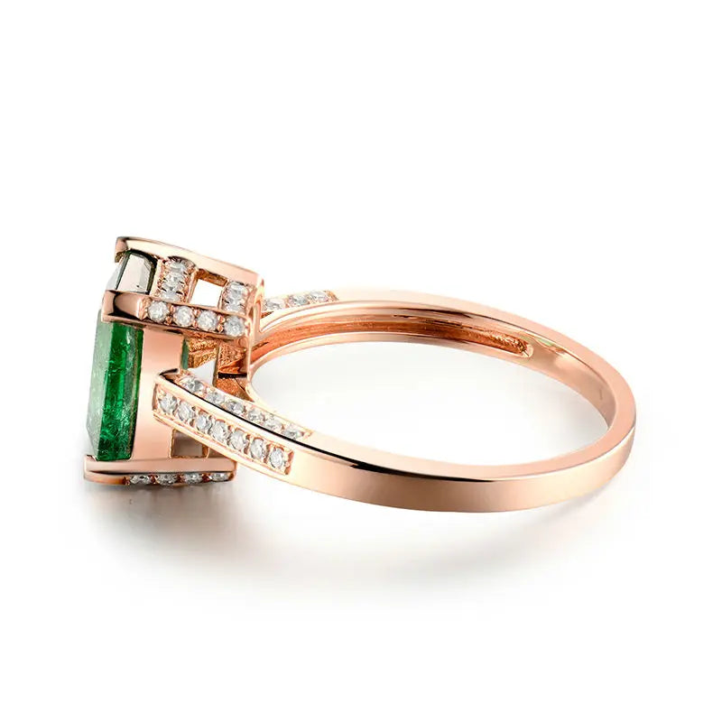 18K Rose Gold 2.1 Carat Emerald and Diamond Engagement Ring for Women - Elegant Wedding Proposal, Anniversary Gift, Bridal Jewelry