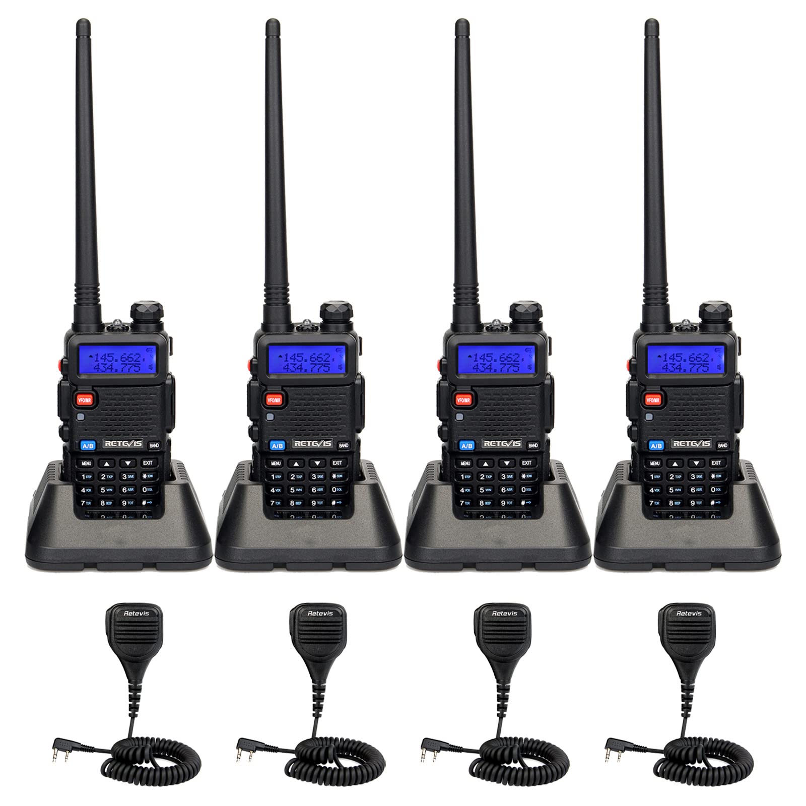 Retevis RT-5R Dual Band Two Way Radio Walkie Talkies for Adults - 4 Pack with Speaker Mic, 1400mAh Rechargeable Battery, Flashlight & SOS Alarm - Ideal for Outdoor Adventures, Hiking, Camping and Emergency Communication