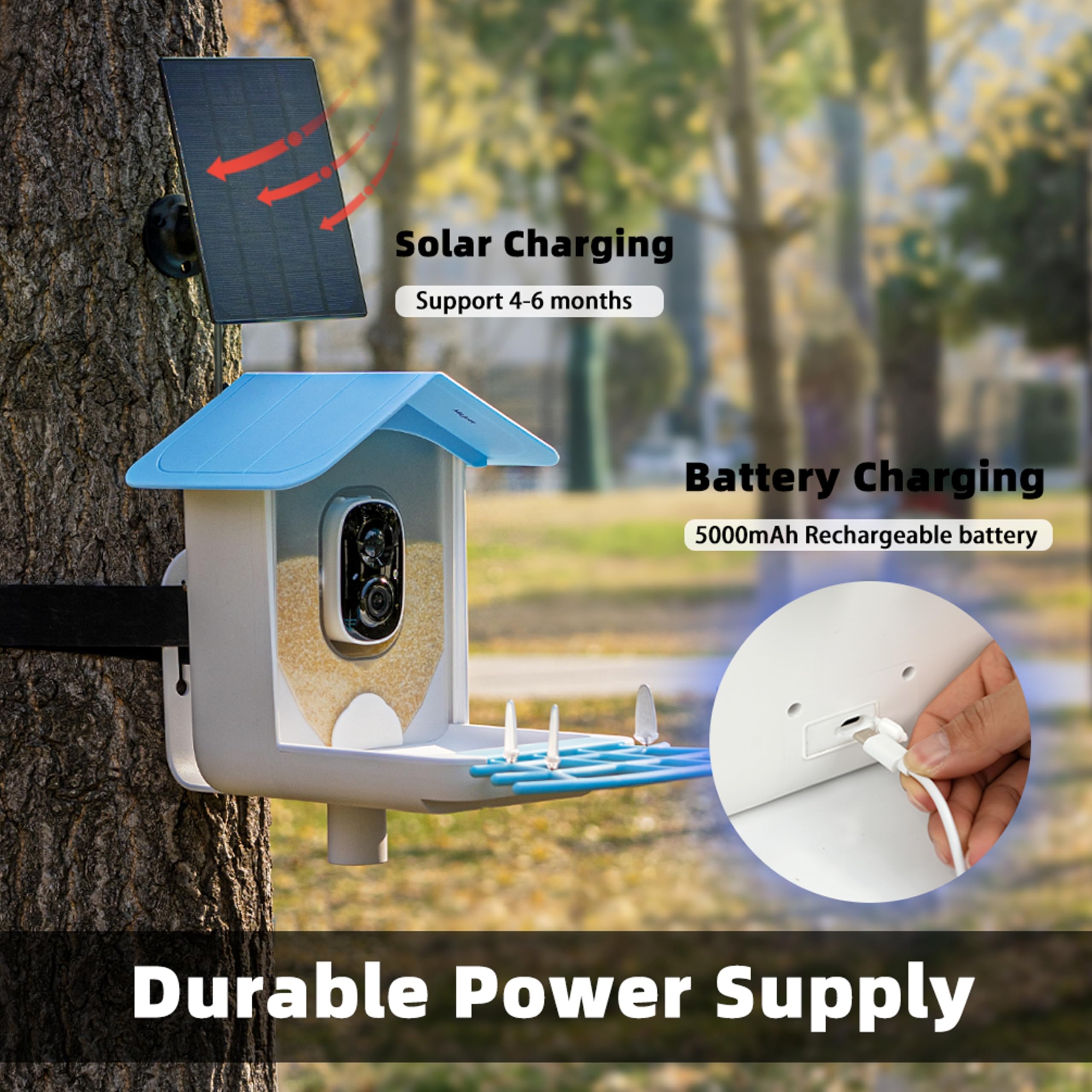 Smart Bird Feeder with HD Camera & Solar Panel - AI Identifies 10,000+ Bird Species - Weatherproof Outdoor Bird Watching Camera with Auto Capture - Perfect Gift for Bird Lovers (Blue) by Mejoro® - Ideal for Backyard Birdwatching, Wildlife Photography & Nature Education