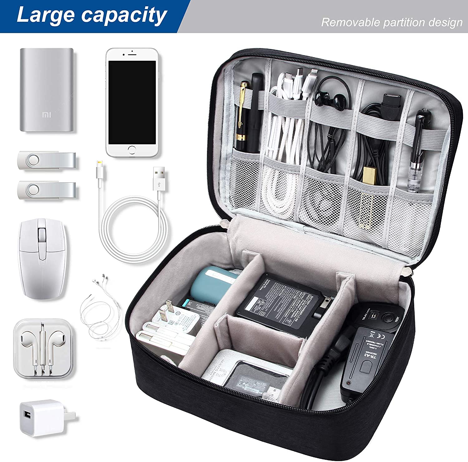 ACOPTON Waterproof Electronic Organizer Travel Bag - Portable Storage Case for iPad, Chargers, Cables, Hard Drives, Power Banks & Game Cards - Perfect for Travel, Office & Daily Organization (Black)