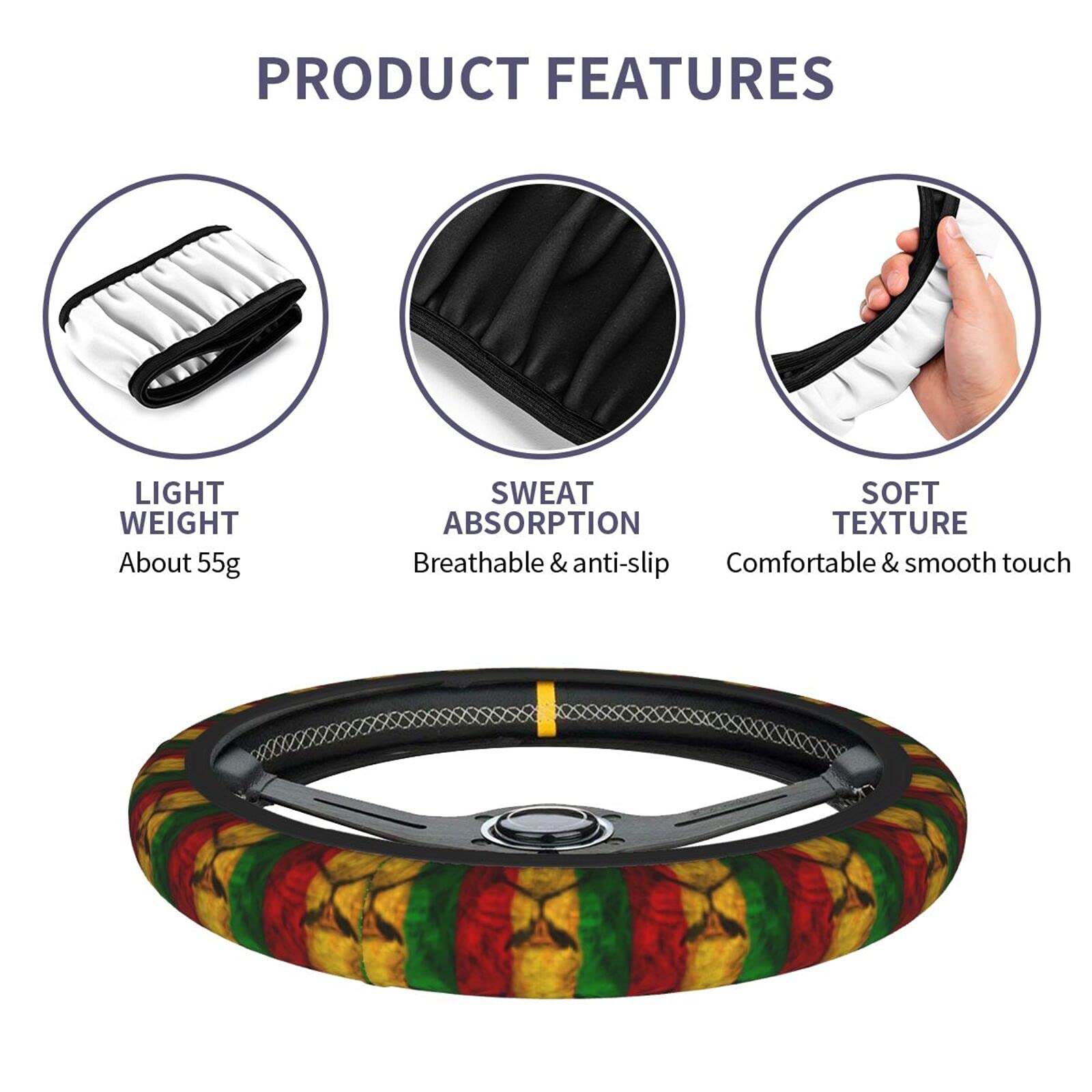 Jamaican Rasta Reggae Judah Lion Steering Wheel Cover - Anti-Slip Breathable Universal Fit (15 Inch) for Pickup Trucks, SUVs & Cars | Perfect for Road Trips & Daily Commutes