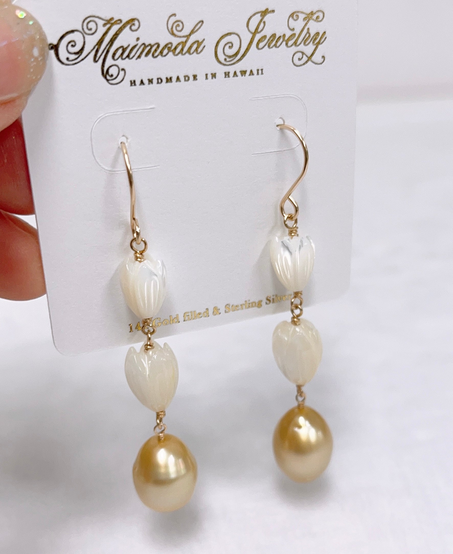 Exquisite Pikake Dangle Earrings with Genuine Gold South Sea Pearls (E615) - Perfect for Weddings, Parties & Special Occasions