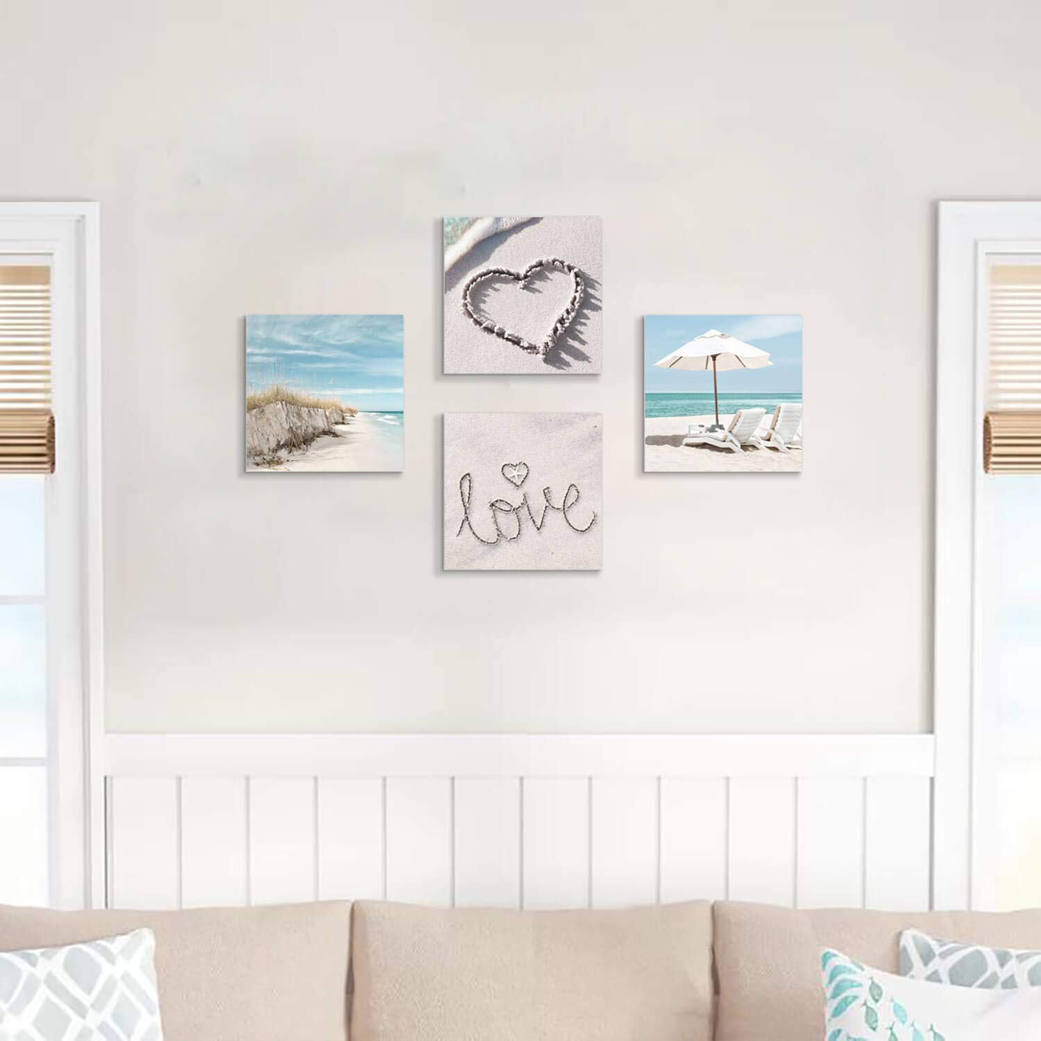 Coastal Canvas Wall Art Set - 4 Piece Beach Painting with Chairs & Sand Dunes, 12x12 Inch Multi-Sized Prints for Kitchen Decor | Perfect for Beach House, Living Room & Coastal Themed Interiors