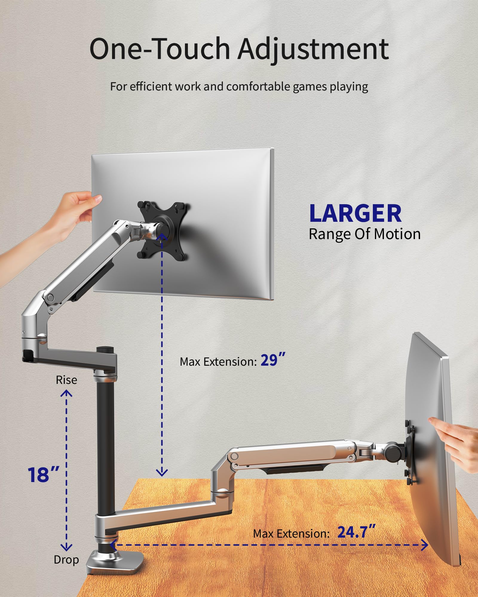 Dual Monitor Stand for 40 Inch Screens - Heavy Duty Adjustable Monitor Arm with C-Clamp & Grommet Base - Aluminum Silver Dual Monitor Mount Holds 25 lbs - Perfect for Home Office, Gaming Setup & Workstation Ergonomics