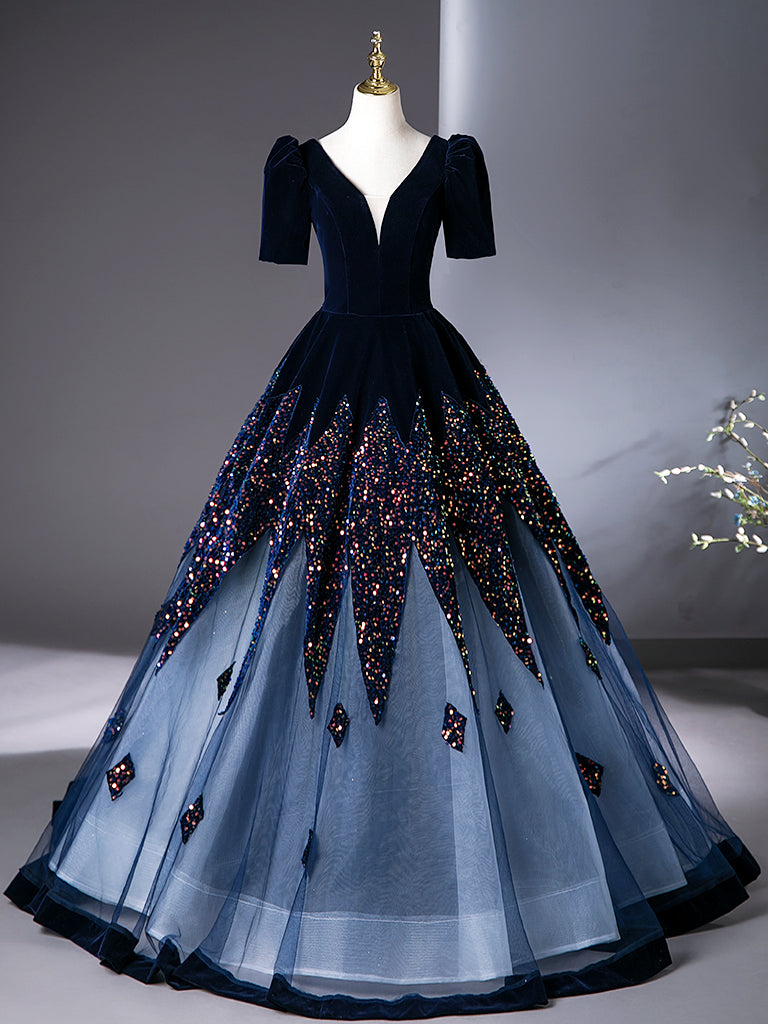 Elegant A-Line V-Neck Velvet Tulle Dark Blue Long Prom Dress | Formal Evening Gown for Women | Perfect for Homecoming, Ball, and Special Occasions