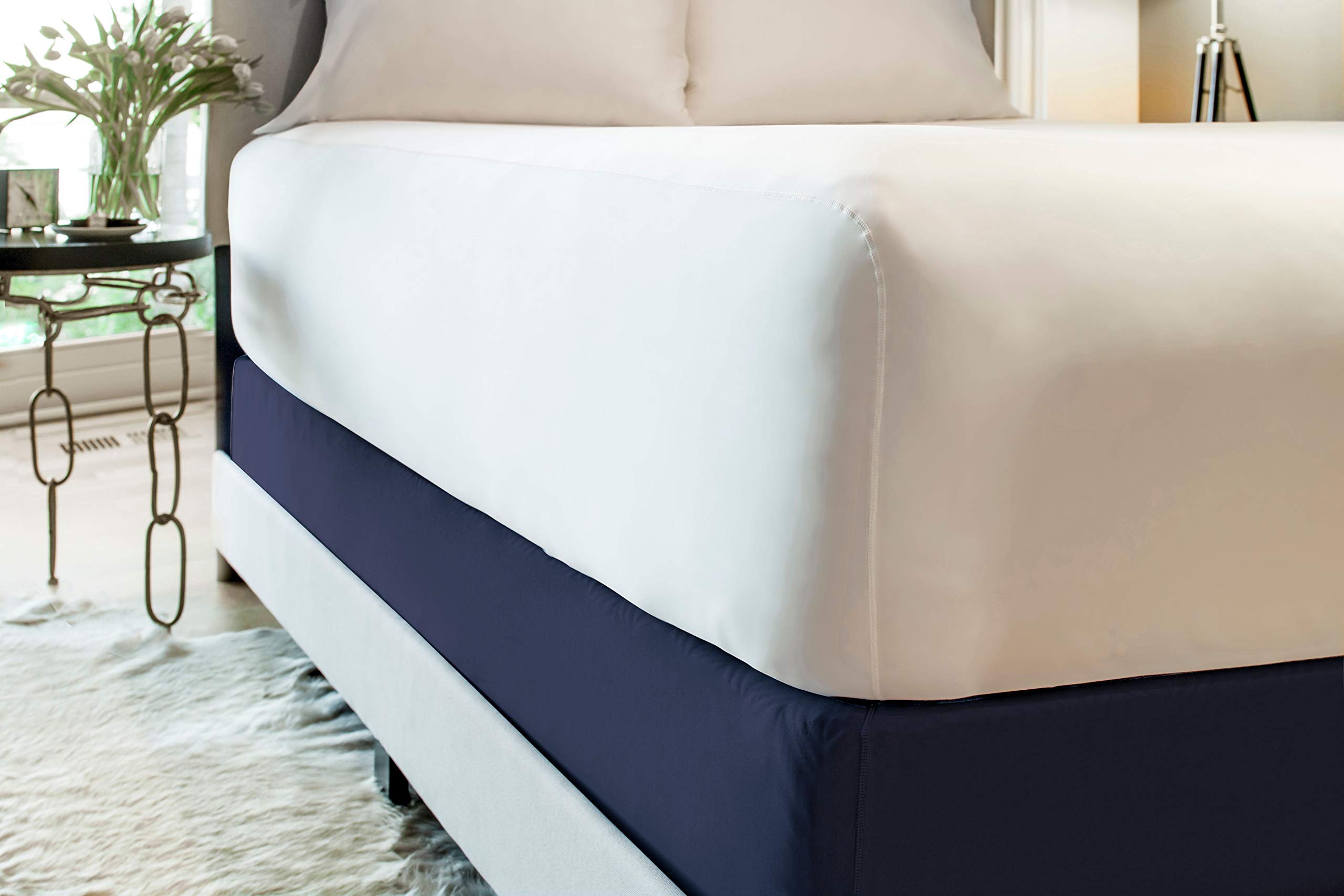 SHEEX Original Performance Box Spring Wrap - Breathable, Stylish Dust Ruffle Alternative for Queen Size Beds - Navy Blue Bedding Accessory | Perfect for Modern Bedrooms & Guest Room Decor