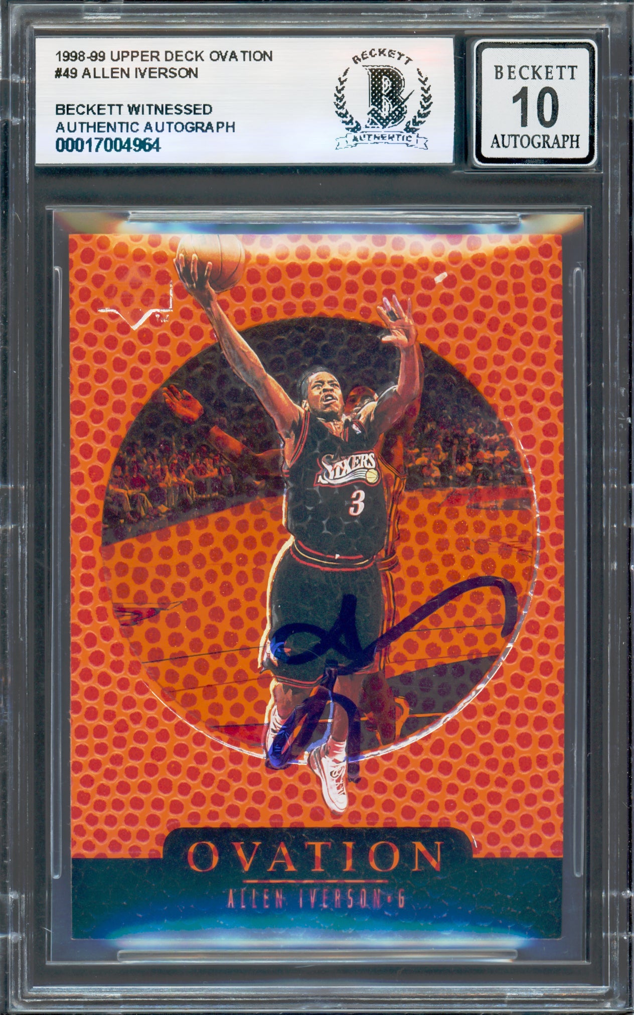 Allen Iverson Autographed 1998-99 Upper Deck Ovation #49 Philadelphia 76ers Beckett BAS Gem Mint 10 Basketball Card - Perfect for NBA Memorabilia Collectors & 76ers Fans Display