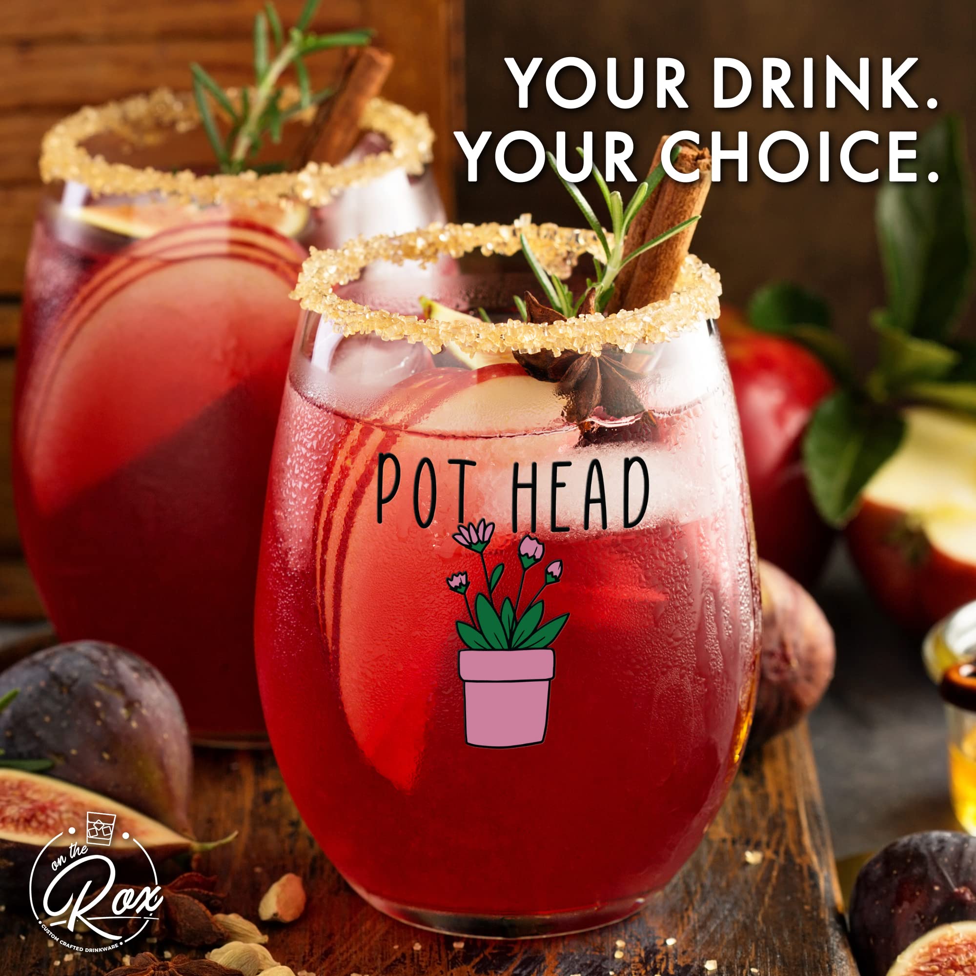 On The Rox Funny Wine Glass Gift - 17 Oz Stemless Wine Glass (Pot Head Design) | Perfect for Stoner Gifts, 420 Parties & Cannabis Enthusiasts | Unique Novelty Drinking Cup for Adults