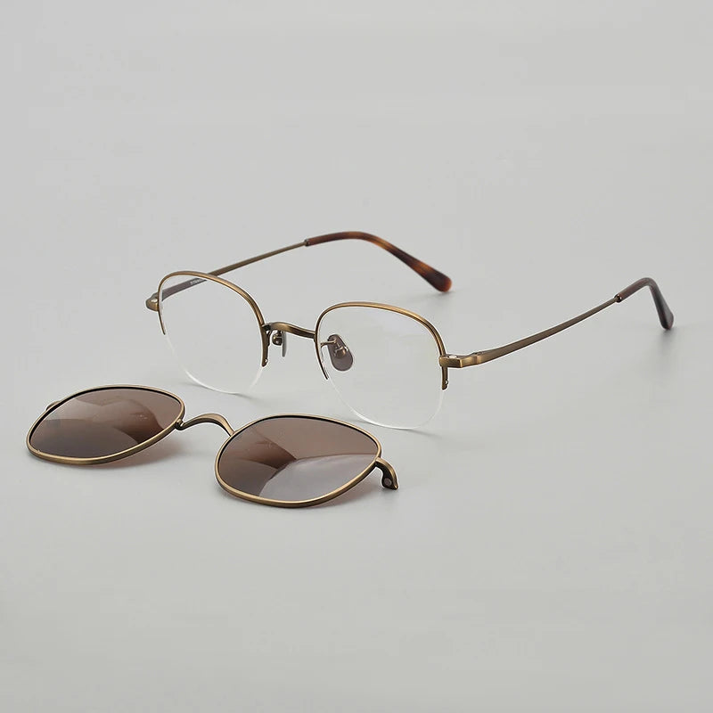 Stylish Black Semi-Rimless Oval Titanium Eyeglasses with Clip-On Sunglasses for Women - MK46 | Perfect for Outdoor Activities, Driving, and Fashion Accessories