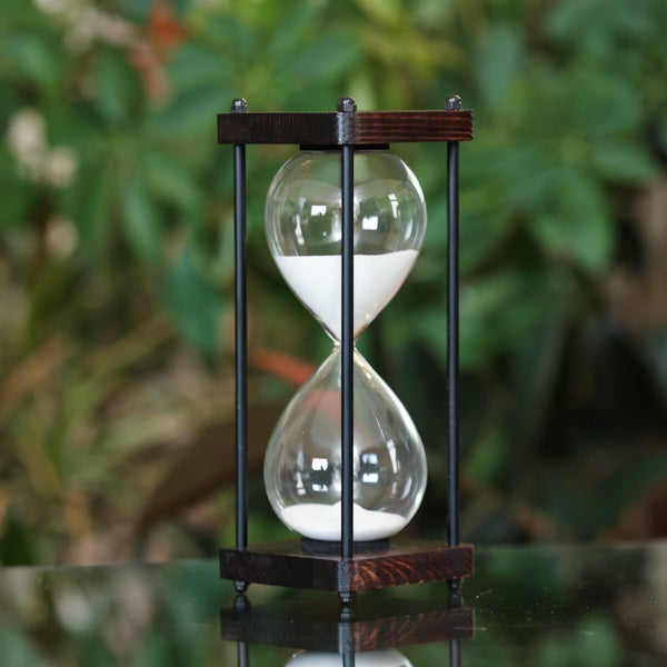 Square Wooden Hourglass with Black Spindles - White or Black Sand - Decorative Home Office Desk Accessory & Meditation Timer for Stress Relief