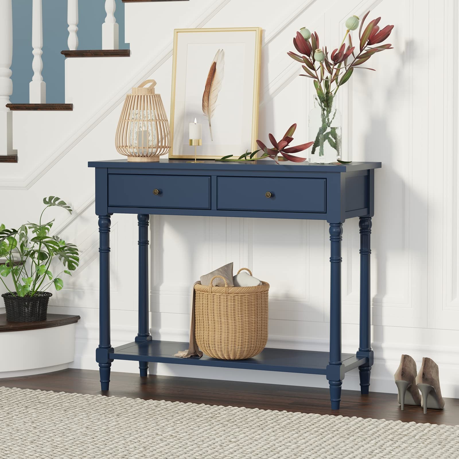 Solid Wood Sofa Table with 2 Drawers & Shelf - Narrow Console Table for Entryway, Hallway, Living Room & Bedroom - Blue Accent Table with Storage - Perfect for Small Spaces & Home Decor