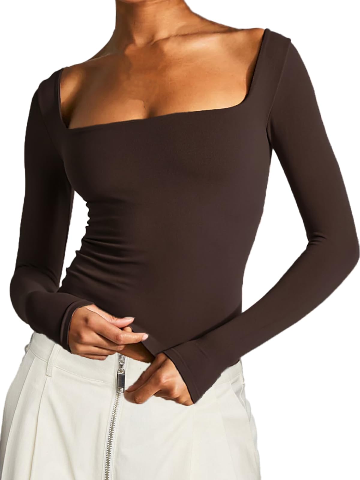 Women's Long Sleeve Square Neck T-Shirt - Double Lined Y2K Crop Top for Going Out | Slim Fit Tight Shirt for Parties, Dates & Nightlife Fashion