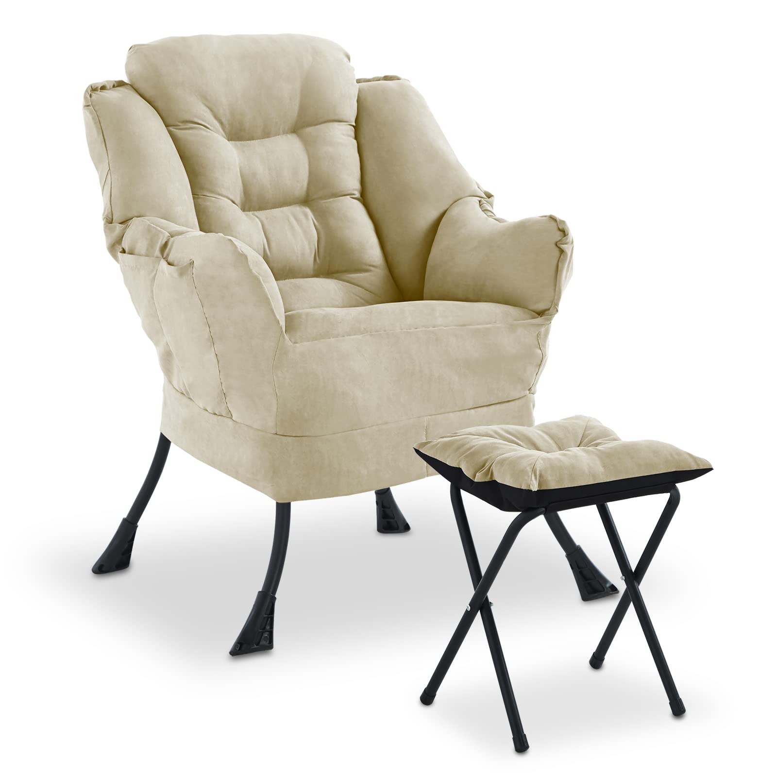 Comfortable Upholstered Lazy Chair with Ottoman & Side Pocket - Single Accent Sofa Chair for Living Room, Bedroom, Office (Beige) - Perfect for Relaxing, Reading & Napping