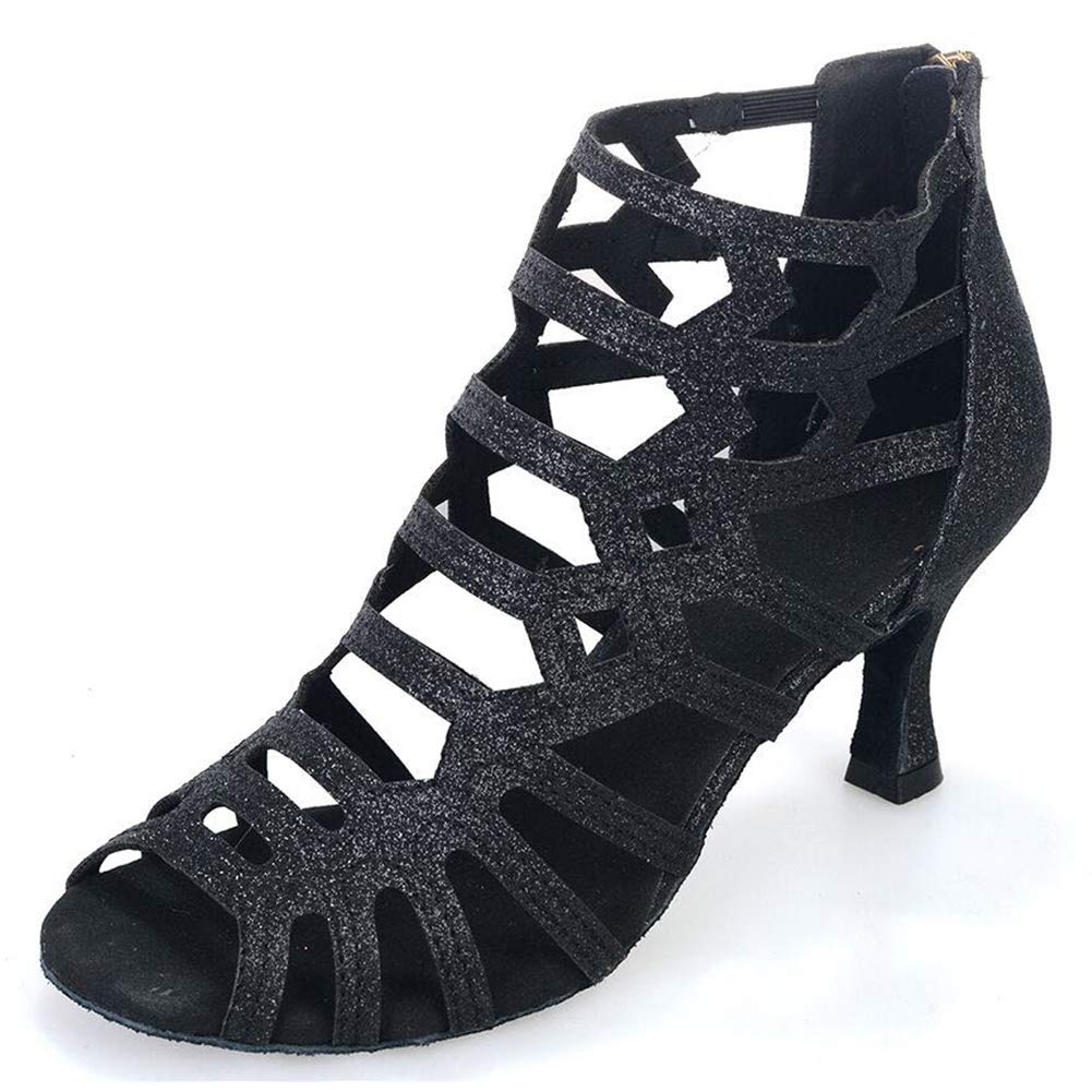 Sparkling Glitter Latin Dance Shoes for Women - Openwork Fish Mouth Design, Soft Cozy Bottom, 7.5cm Heel - Perfect for Salsa, Tango, Samba & Jazz Performances (Black, Size 38EU) | Indoor Dance Sandals for Competitions & Practice