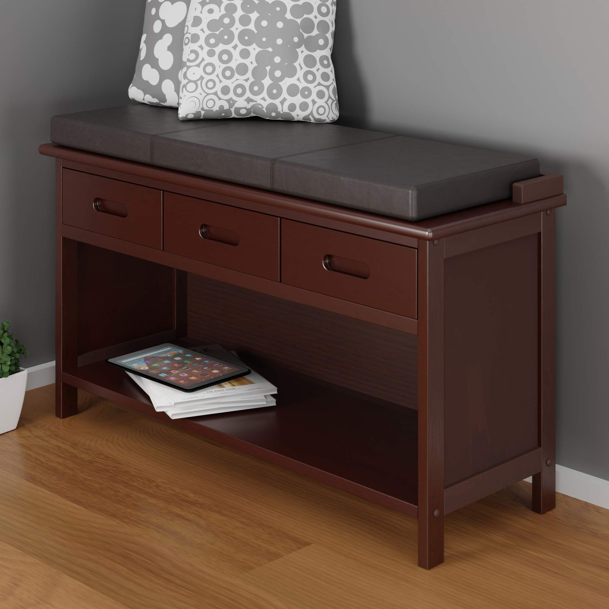 Winsome Adriana Bench with Seat Cushion - Solid Walnut Wood Entryway Bench for Hallway, Bedroom, or Living Room