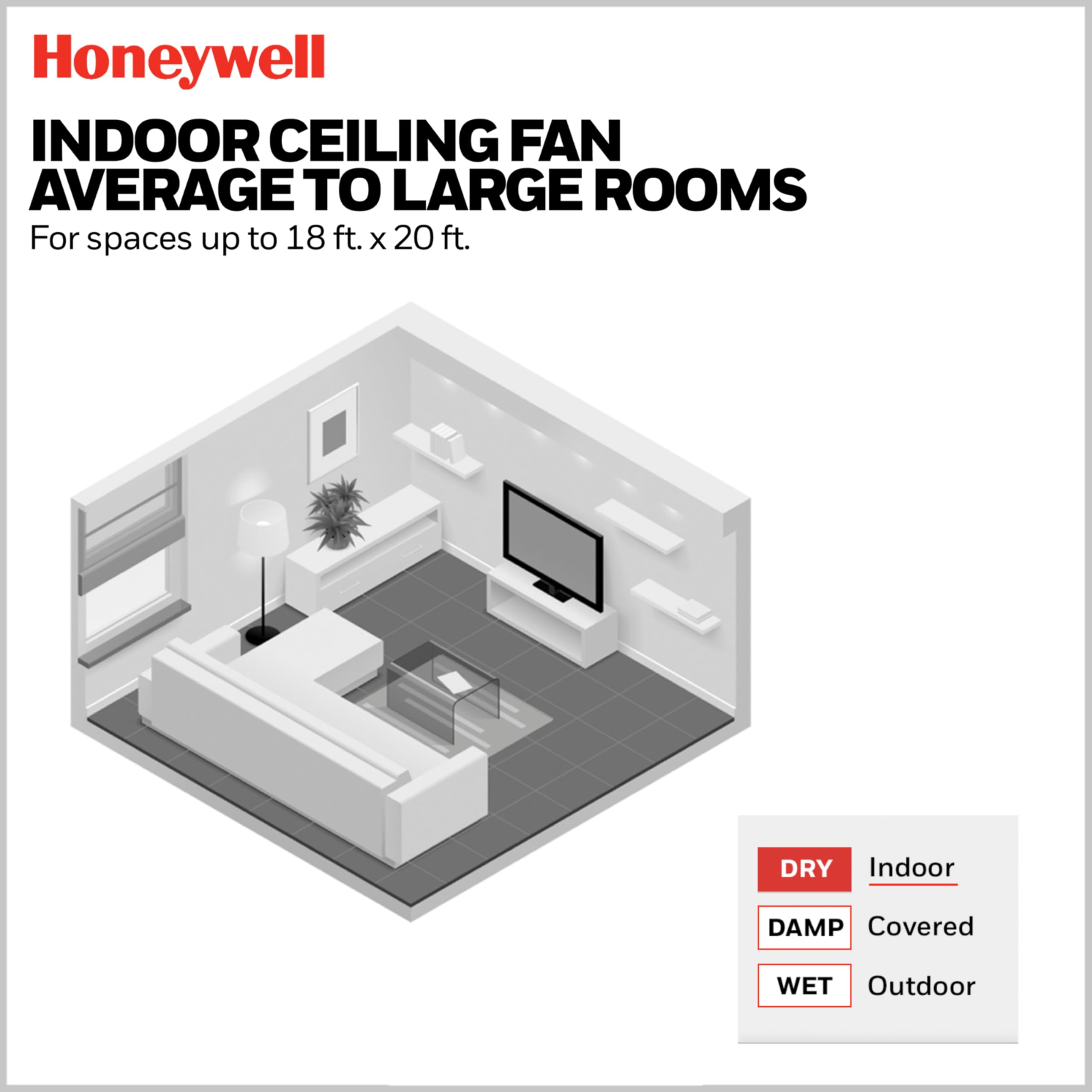 Honeywell 48 Inch Ceiling Fan with Color Changing LED Light, Pull Chain, Dual Mounting Options, 3 Reversible Blades - Brushed Nickel | Indoor Cooling for Living Room, Bedroom & Patio