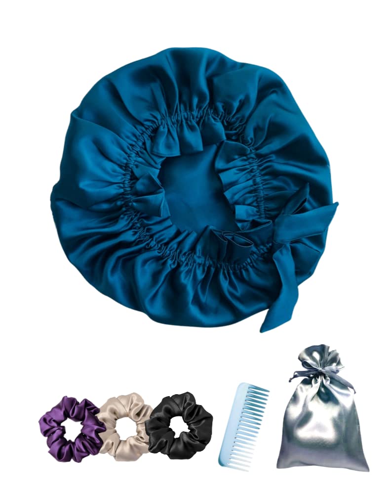 Atrube Satin Bonnet for Curly Hair | Silk Hair Bonnet for Sleeping | Adjustable & Reversible Satin Hair Cap for Women & Men | Soft & Breathable for Night Protection (Blue) – Perfect for Natural Hair, Braids, Wigs & Protective Styles