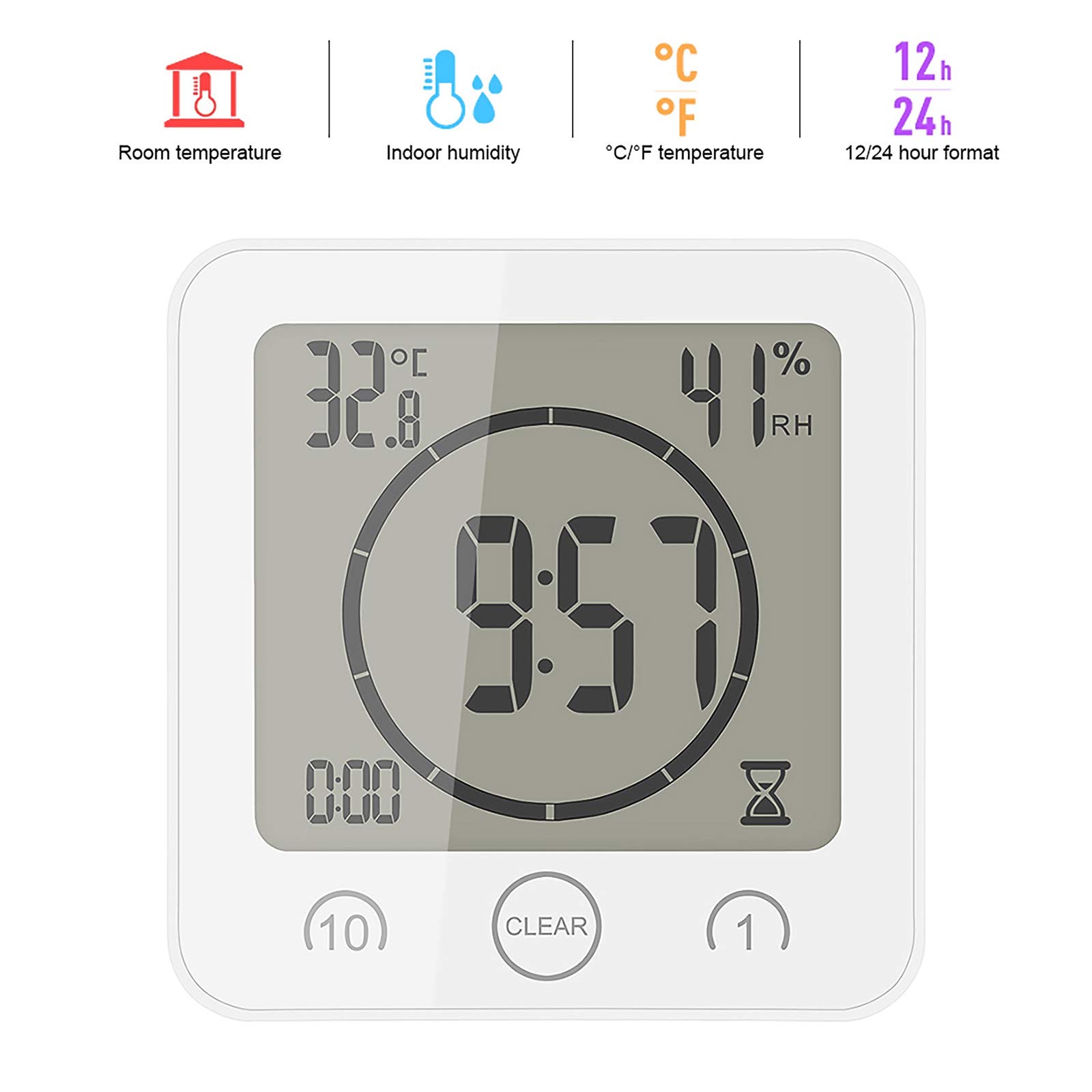 Blingbin Digital Alarm Clock with Temperature & Humidity Sensor, Waterproof, Timer - Perfect for Bathroom, Kitchen, Bedroom, Office