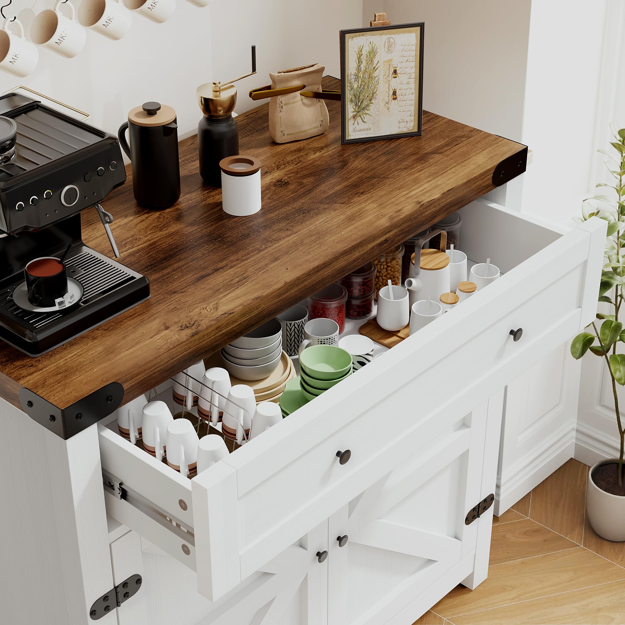 YESHOMY Farmhouse Coffee Bar Cabinet with Barn Door - Rustic White Buffet Sideboard with Drawer & Adjustable Shelf - Wide Desktop for Kitchen, Dining Room, Bathroom, Entryway - Perfect for Coffee Station, Storage & Home Decor