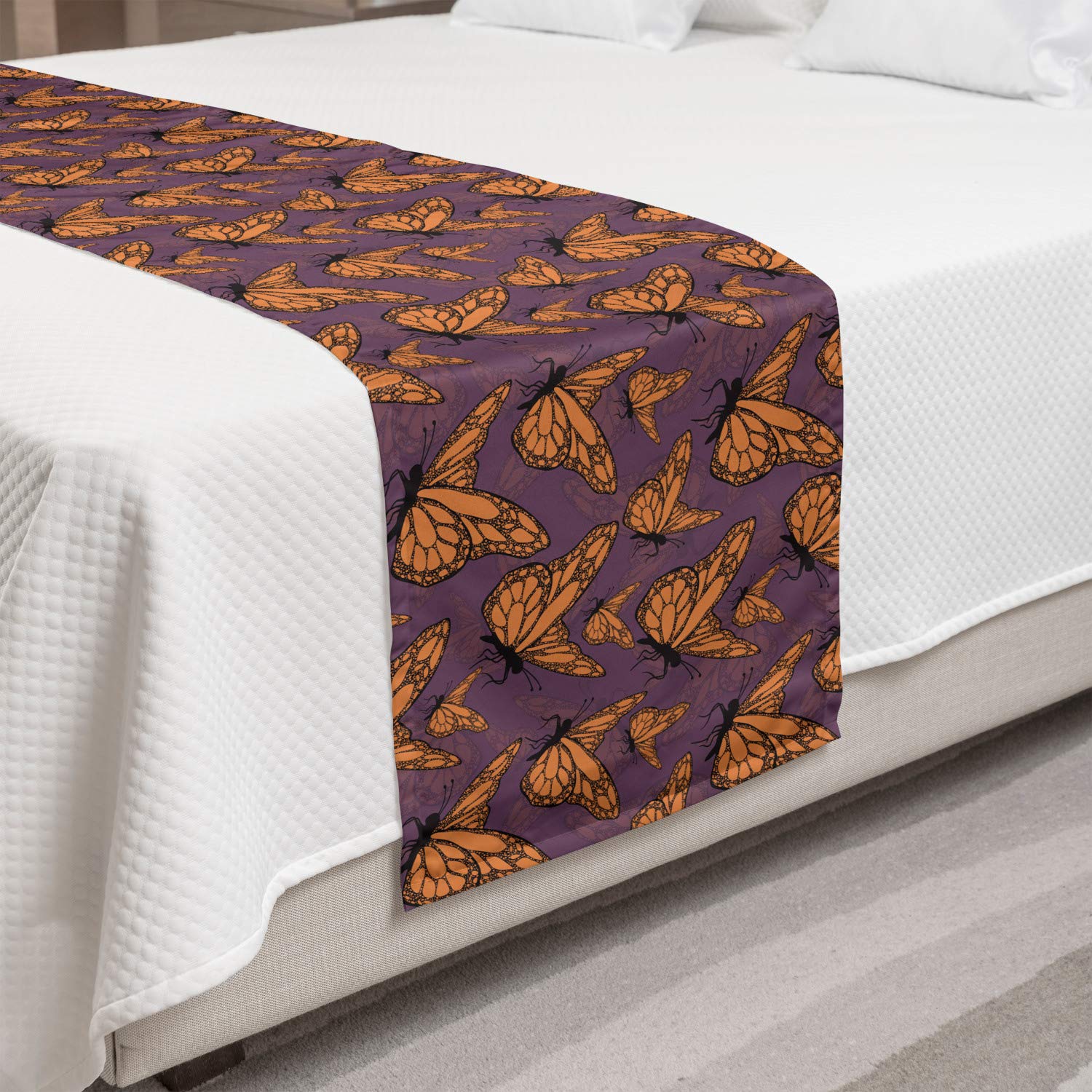 Ambesonne Butterfly Bed Runner - Dark Orange Insect Pattern with Dotted Wing Details, Decorative Bed Scarf for Home, Hotel & Guest Room Decor - Pale Eggplant Multicolor | Perfect for Bohemian Bedroom, Wedding Decor & Cozy Home Styling