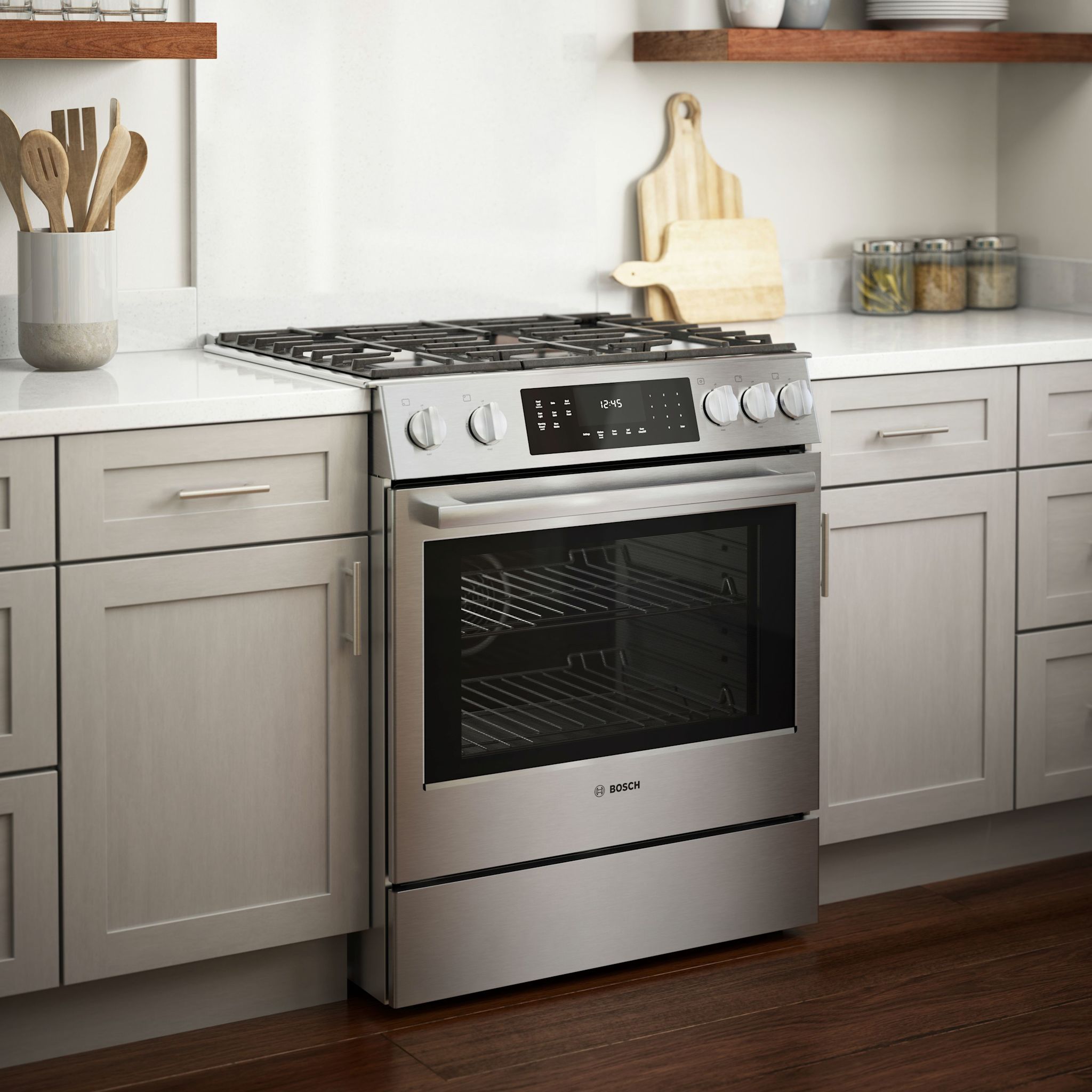Bosch 30 Inch Slide-In Gas Range (HGI8056UC) - Stainless Steel, 5 Burners, Convection Oven - Perfect for Modern Kitchens & Professional Cooking