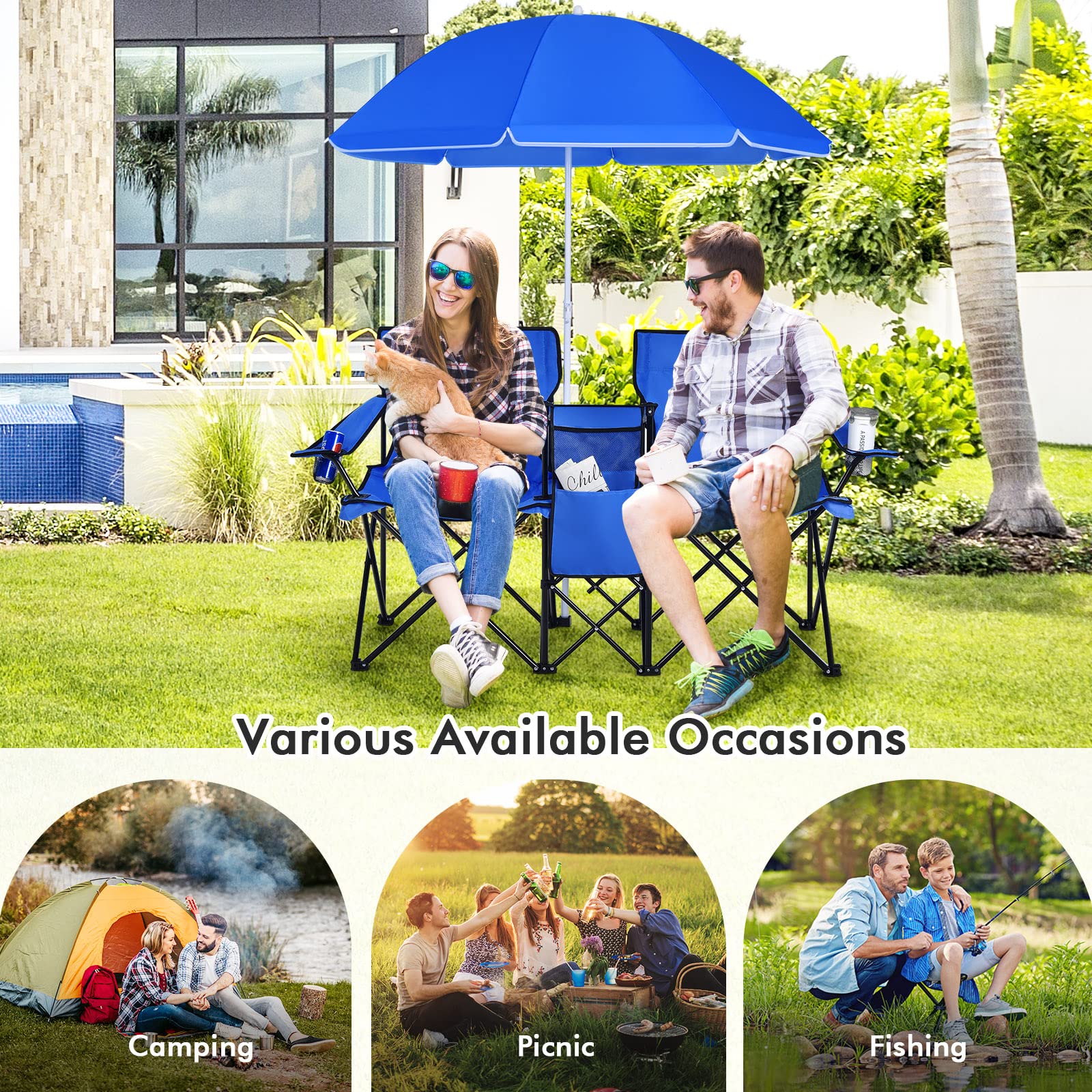 **LUARANE Folding Double Camping Chair with Removable Umbrella & Mini Table - Portable Outdoor Loveseat for Picnics, Beach, Pool, Park, and Backyard - Includes Cup Holder & Carrying Bag (Blue)**    **Perfect for Couples, Beach Lounging, Camping Trips, and Outdoor Gatherings!**