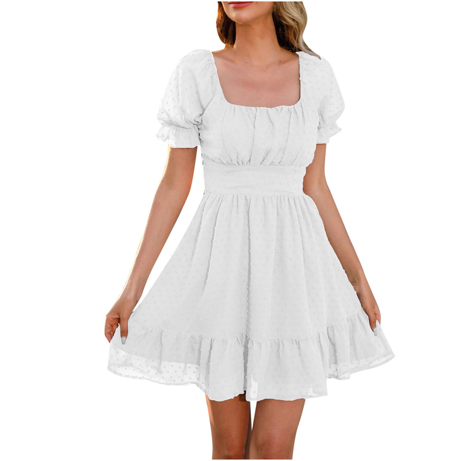 BOXIACEY Women's Summer Casual Mini Dress - Square Collar Short Sleeve Solid Prom Dress for Wedding Guest, Party & Date Night | Foldable Travel-Friendly Design for Vacations & Special Occasions