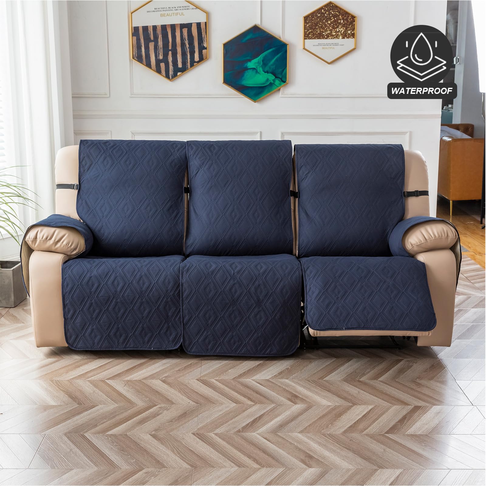 Waterproof Reclining Couch Cover 3-Seater Non-Slip Washable Sofa Protector for Pets & Kids - Navy Blue Furniture Protector for Recliner Sofas - Perfect for Living Room, Family Room & Pet-Friendly Homes