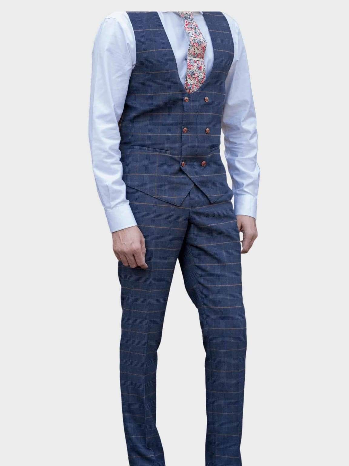 Marc Darcy Jenson Navy Blue Checkered Double Breasted Waistcoat Vest for Men - Perfect for Weddings, Business Meetings & Formal Occasions