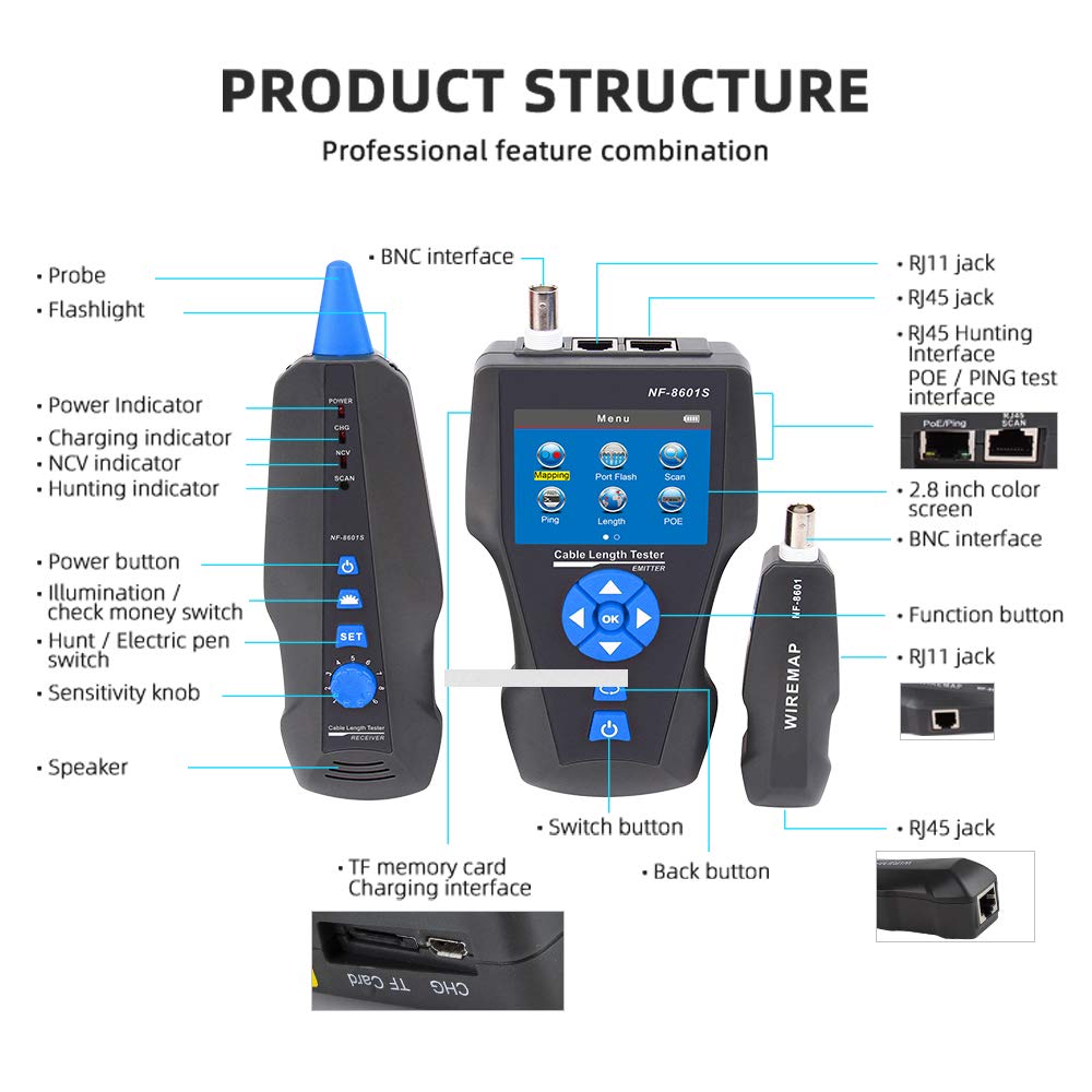 NOYAFA NF-8601S Professional Network Cable Tester - RJ11 RJ45 BNC POE/Ping Tester with LCD Display for Ethernet LAN Cable Testing | Ideal for IT Technicians, Network Installations & Home Office Use
