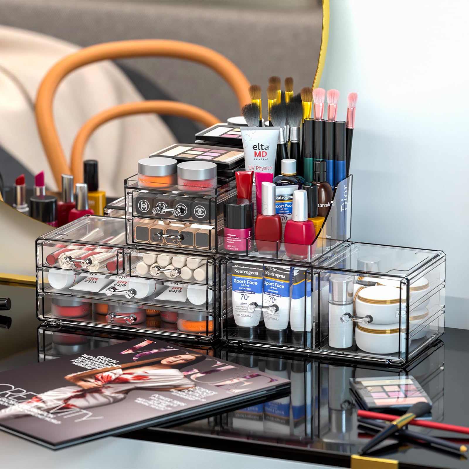 3-Pack Clear Acrylic Makeup Organizer with 8 Stackable Drawers - Vanity Jewelry, Hair Accessory & Skincare Storage for Bathroom Countertop, Dressing Table & Bedroom Decor