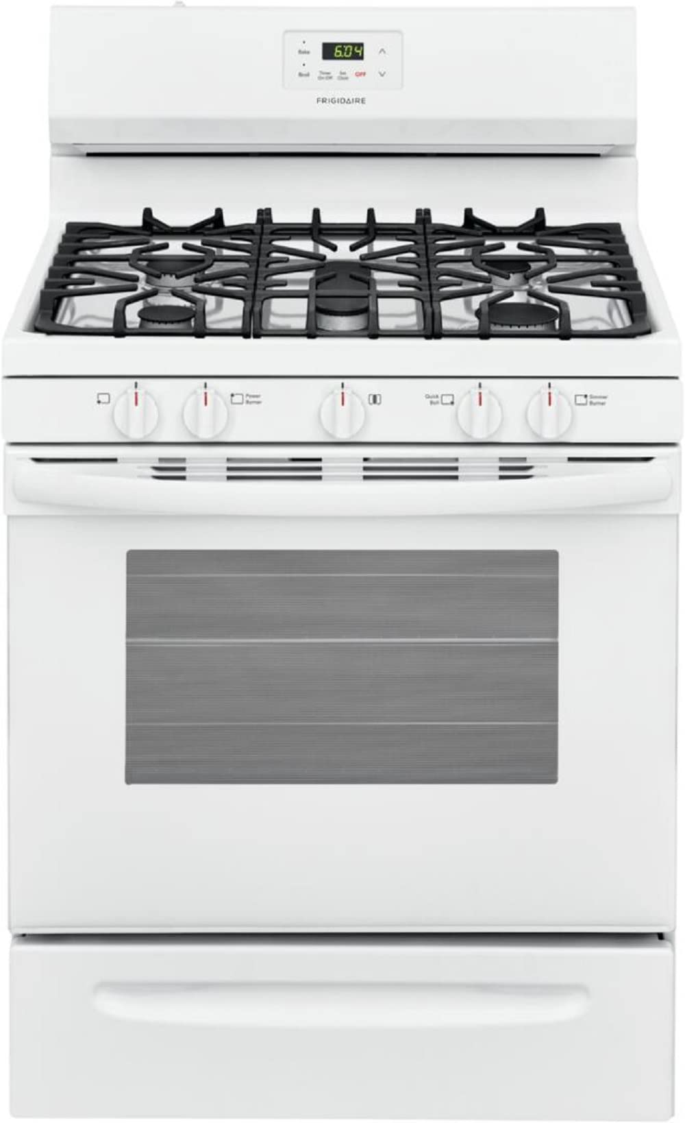 Frigidaire FCRG3052AW 30 Inch Freestanding Gas Range with 5 Sealed Burners, 5 Cubic Feet Oven Capacity in White - Perfect for Home Kitchens, Baking, and Family Cooking