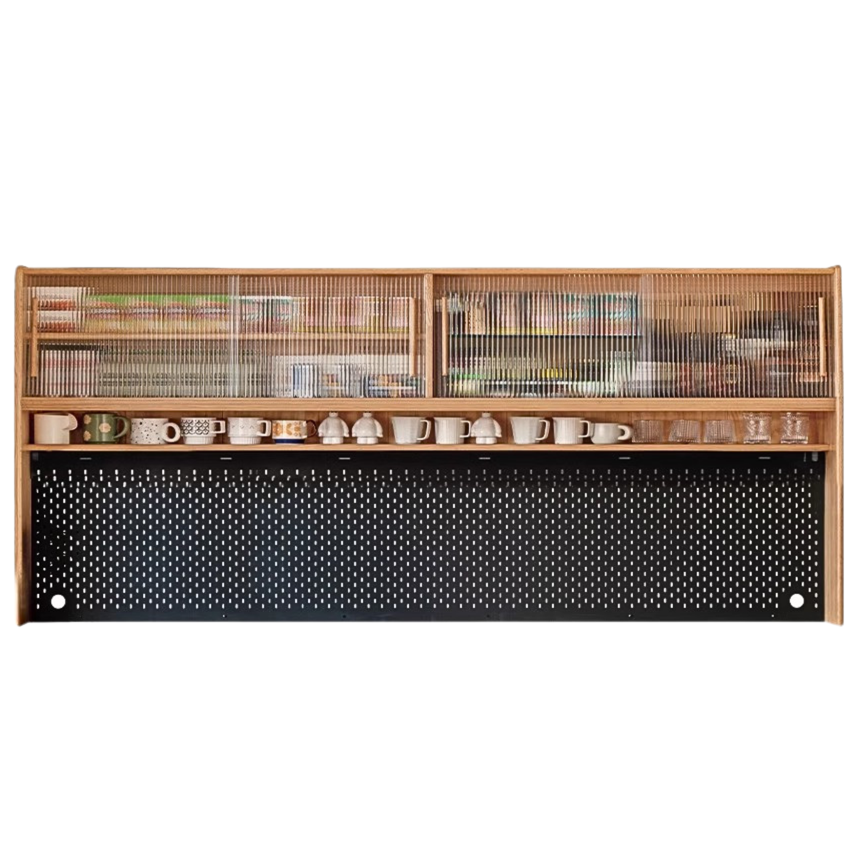 82.3x11x43.3 inch / 209x28x110сm/ Natural wood color/ sideboard shelf + Bull electric rail flagship version