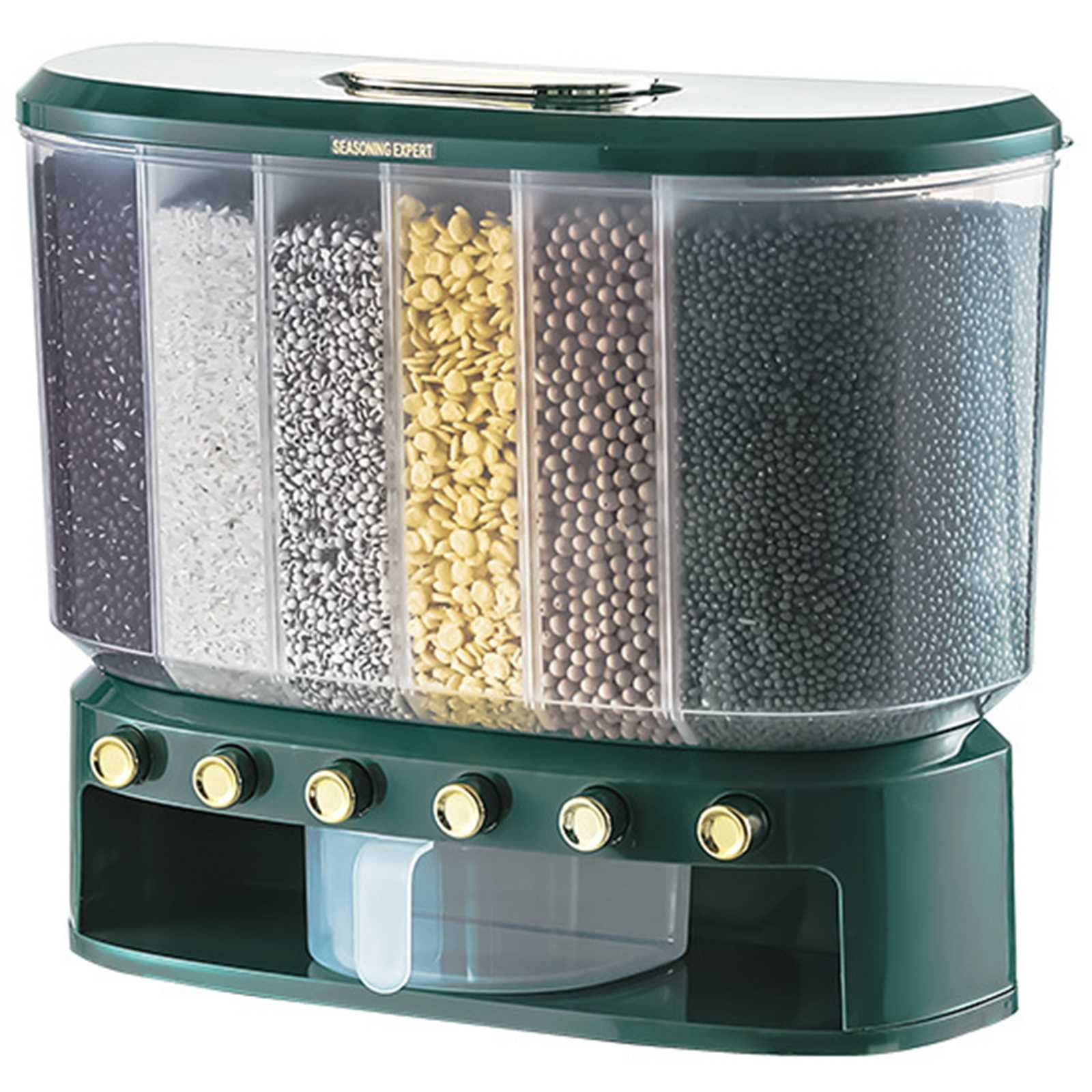 6-Grid 22lbs Wall-Mounted Rice Dispenser - Dry Food Storage Container for Rice, Beans, Grains & Cereals | Kitchen Pantry Organizer for Bulk Food Storage & Easy Measuring - Perfect for Home, Restaurant & Meal Prep