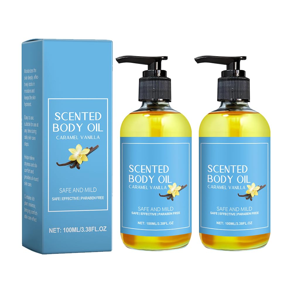 Caramel Vanilla Body Oil - 2 Pack Moisturizing Massage Oil for Women & Men | Smoothing & Hydrating Skin Care | 3.52 Fl oz | Perfect for Couples Massage & Spa Night