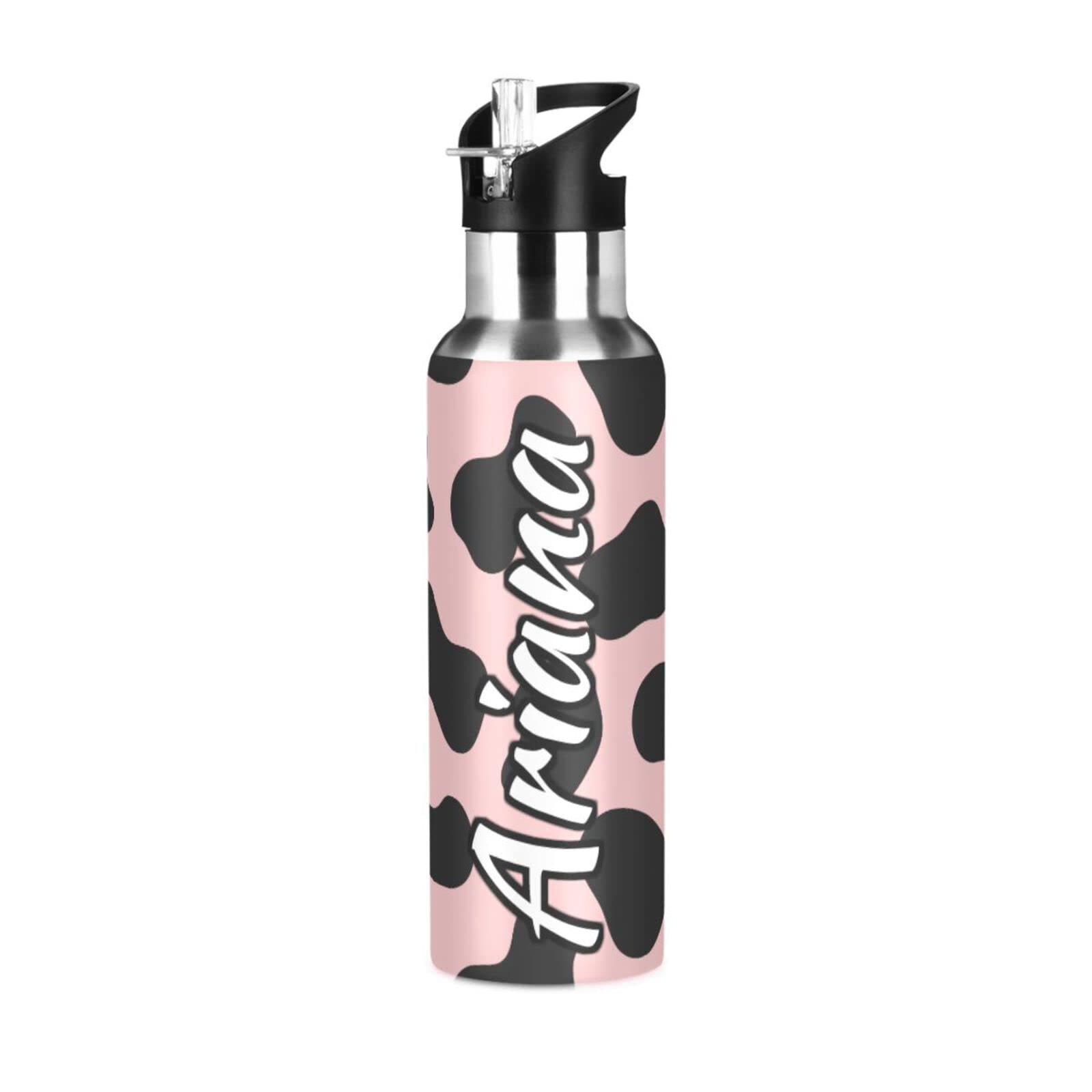 Custom Personalized 20oz Insulated Stainless Steel Water Bottle with Straw Lid - Pink & Black Double Wall Vacuum Flask for Hiking, Sports, Gym & Outdoor Activities | Leakproof & Sweatproof Design