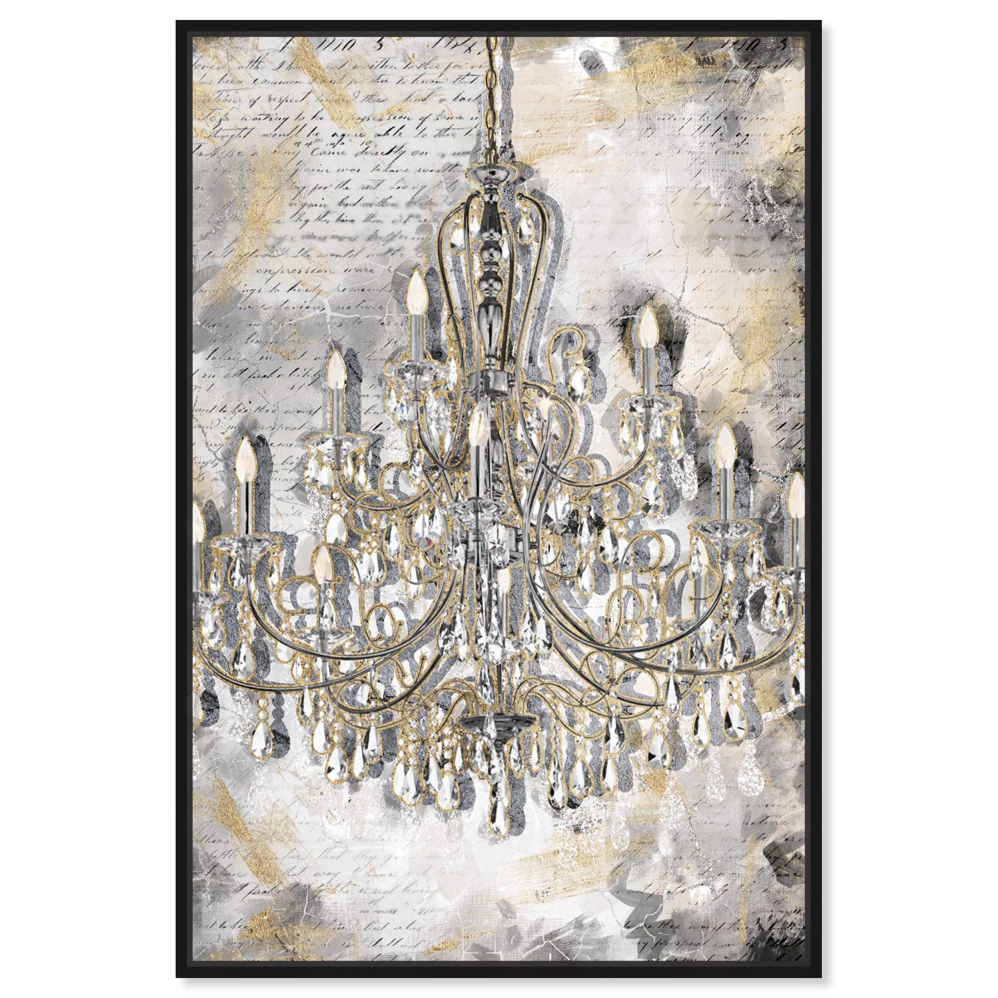 Oliver Gal Artist Co. Fashion & Glam Wall Art - Framed Canvas Print 'Calligraphy Chandeliers' in Gold & Gray (10x15 inches) - Elegant Home Décor for Living Room, Bedroom & Office