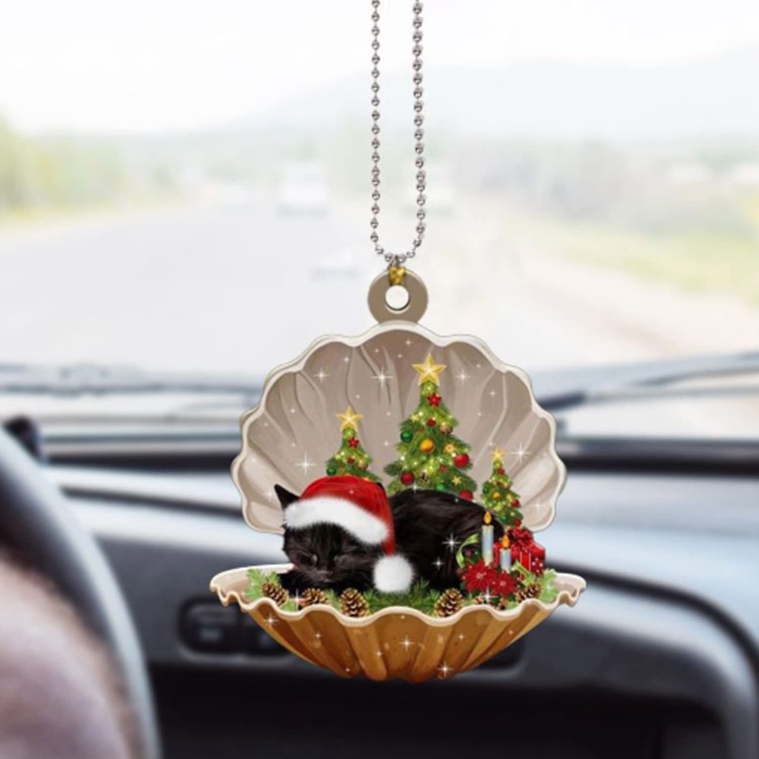 Black Cat Car Hanging Ornaments - Sleep in Seashells Car Pendant Decor for Rearview Mirrors | Mica Ornament Series 08 (5-Piece Set) | Perfect for Car Interior Decoration & Gift Giving