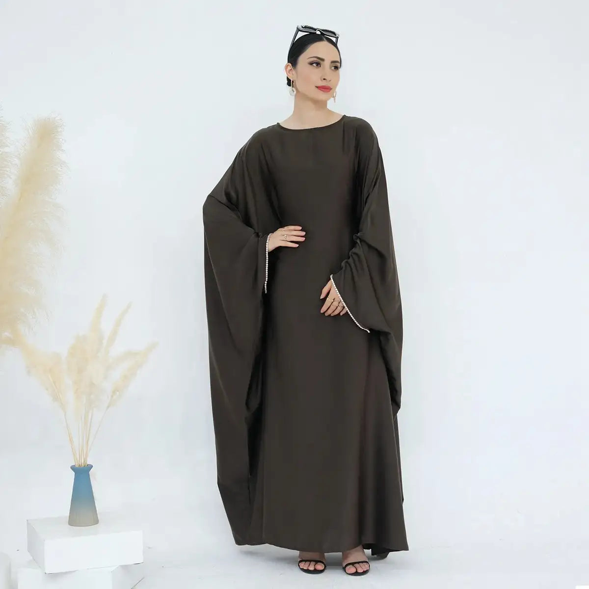 Elegant Beaded Batwing Sleeve Satin Farasha Abaya Dress for Women | Modest Islamic Evening Gown | Perfect for Weddings, Eid Celebrations & Special Occasions