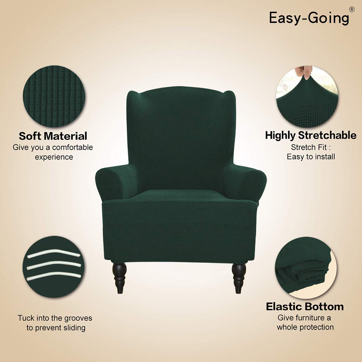 Stretch Wingback Chair Slipcover - 1-Piece Elastic Sofa Cover with Jacquard Fabric - Dark Green Polyester Spandex Furniture Protector for Wing Chair - Perfect for Living Room, Office & Home Decor