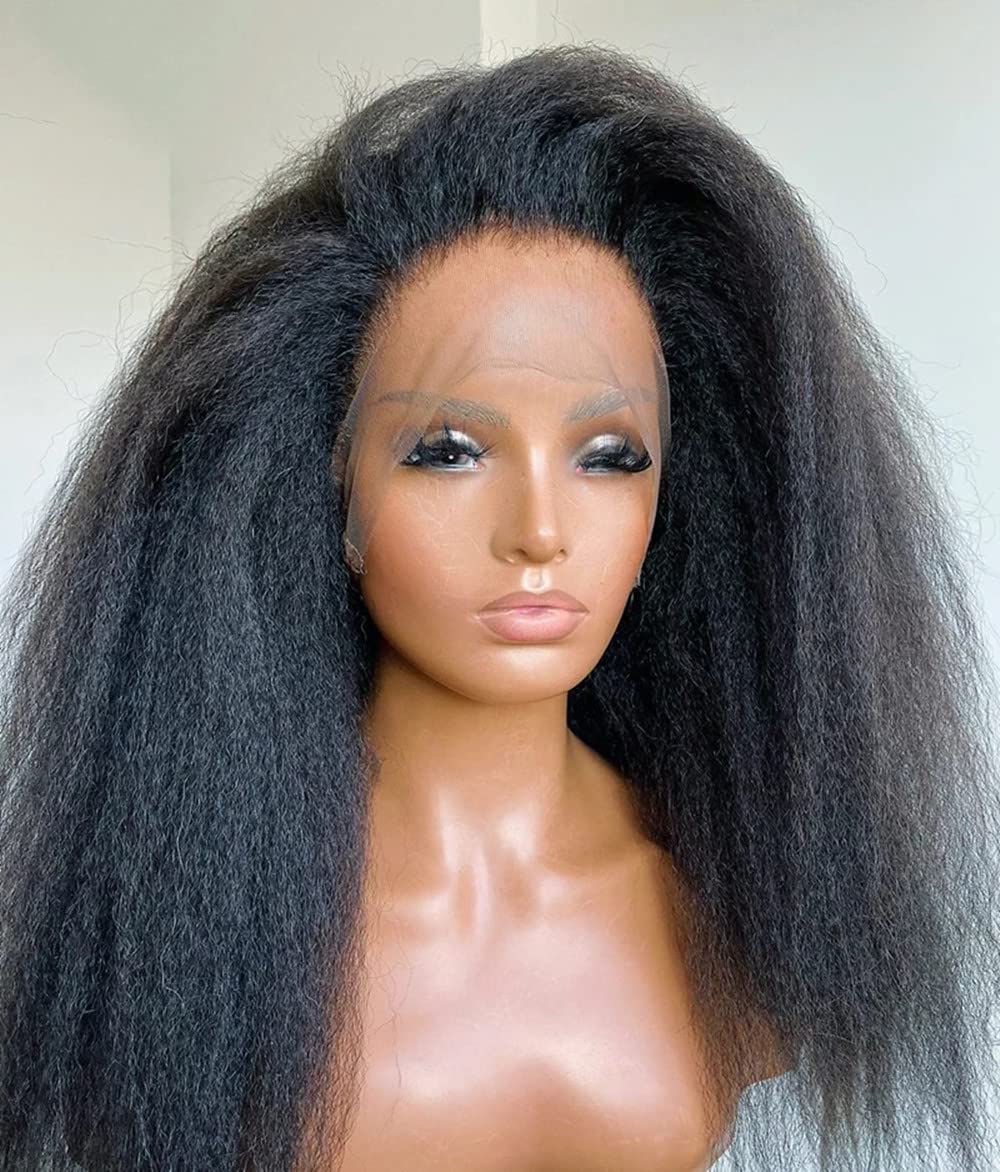 QUINLUX 18 Inch Long Italian Yaki 13x6 Lace Front Human Hair Wig for Black Women - 150% Density Kinky Straight HD Transparent Lace Peruvian Yaki Wig with Pre-Plucked Bleached Knots (Natural Color) | Perfect for Daily Wear, Cosplay, and Special Occasions