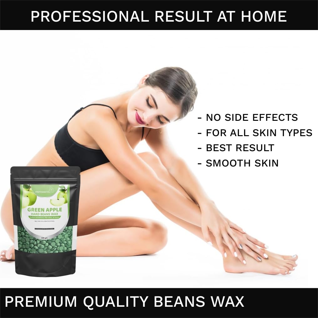 Professional Hard Wax Beans for Hair Removal - Brazilian Wax for Face, Eyebrows, Back, Chest, Bikini, Legs, Arms & Beard | Green Apple Scent (100g) | At-Home Salon Waxing & Spa Treatment