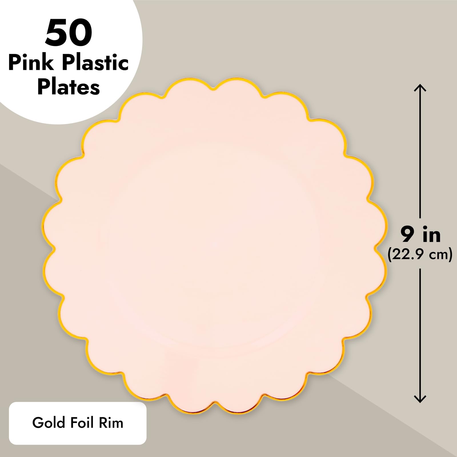 50 Pack Pink and Gold Plastic Plates - 9 Inch Scalloped Edge Disposable Plates with Elegant Gold Rim for Birthday Party, Baby Shower, Bridal Shower, Wedding, Anniversary & Holiday Celebrations