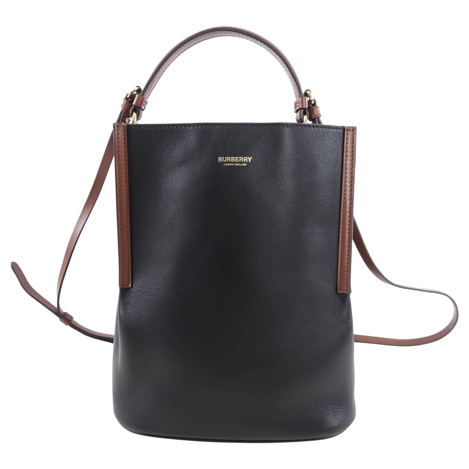 Burberry Black & Brown Leather Small Bucket Bag with Detachable Pouch - Stylish Crossbody Handbag for Women, Perfect for Work, Travel & Everyday Use