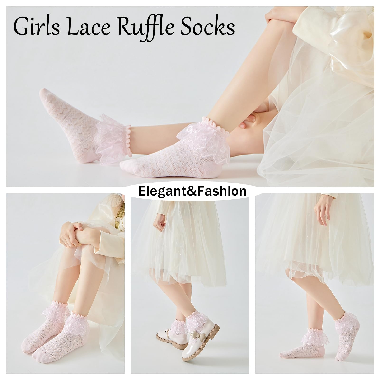 5 Pairs Girls Mesh Ruffle Lace Trim Cotton Ankle Socks - Princess Style Frilly Dress Socks for Toddler Girls - Perfect for Parties, School & Special Occasions