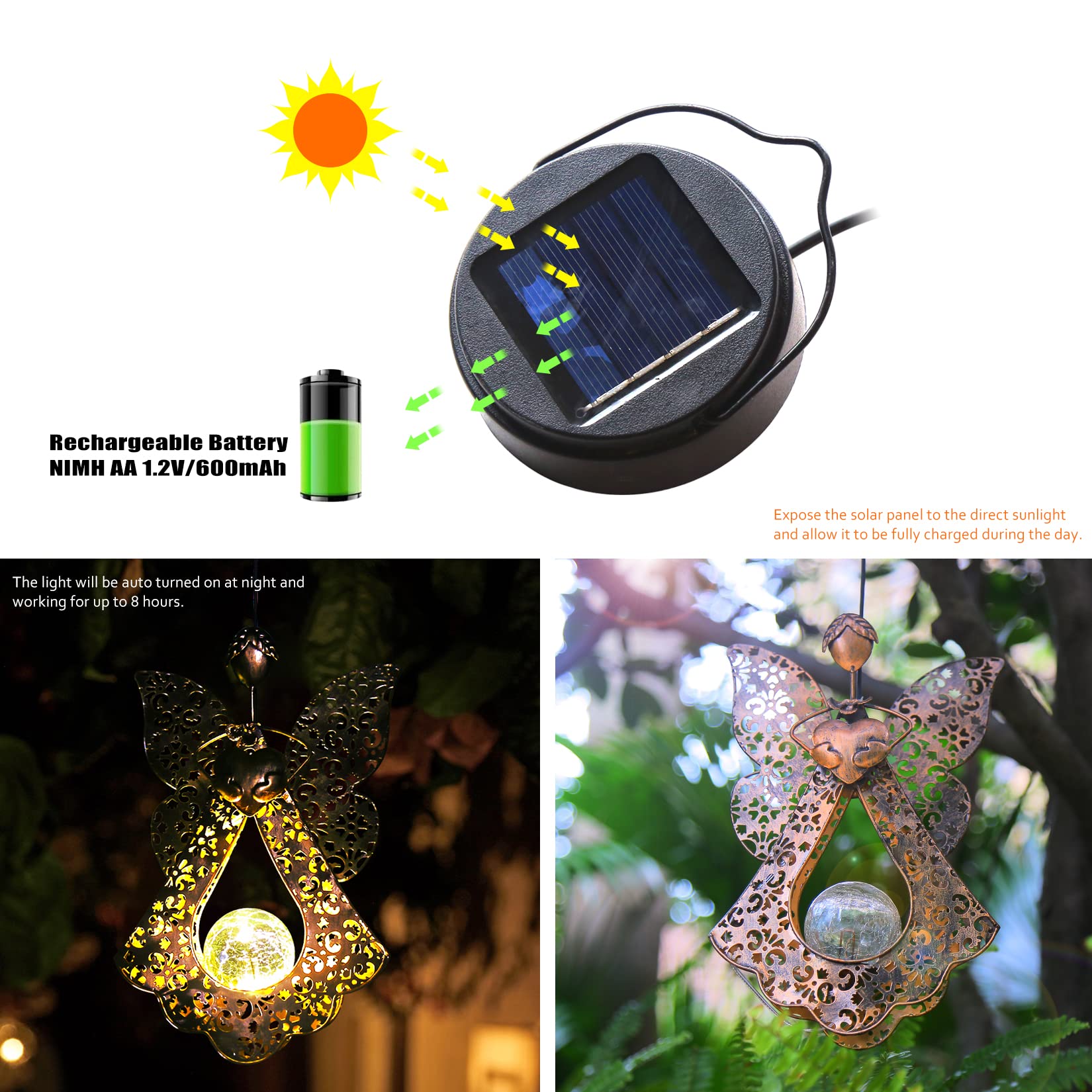 Outdoor Hanging Solar Lights - Waterproof LED Solar Lantern with Crackle Glass Globe & Metal Angel Design for Porch, Patio, Yard, Garden - Perfect for Memorial Gifts, Evening Ambiance & Landscape Lighting