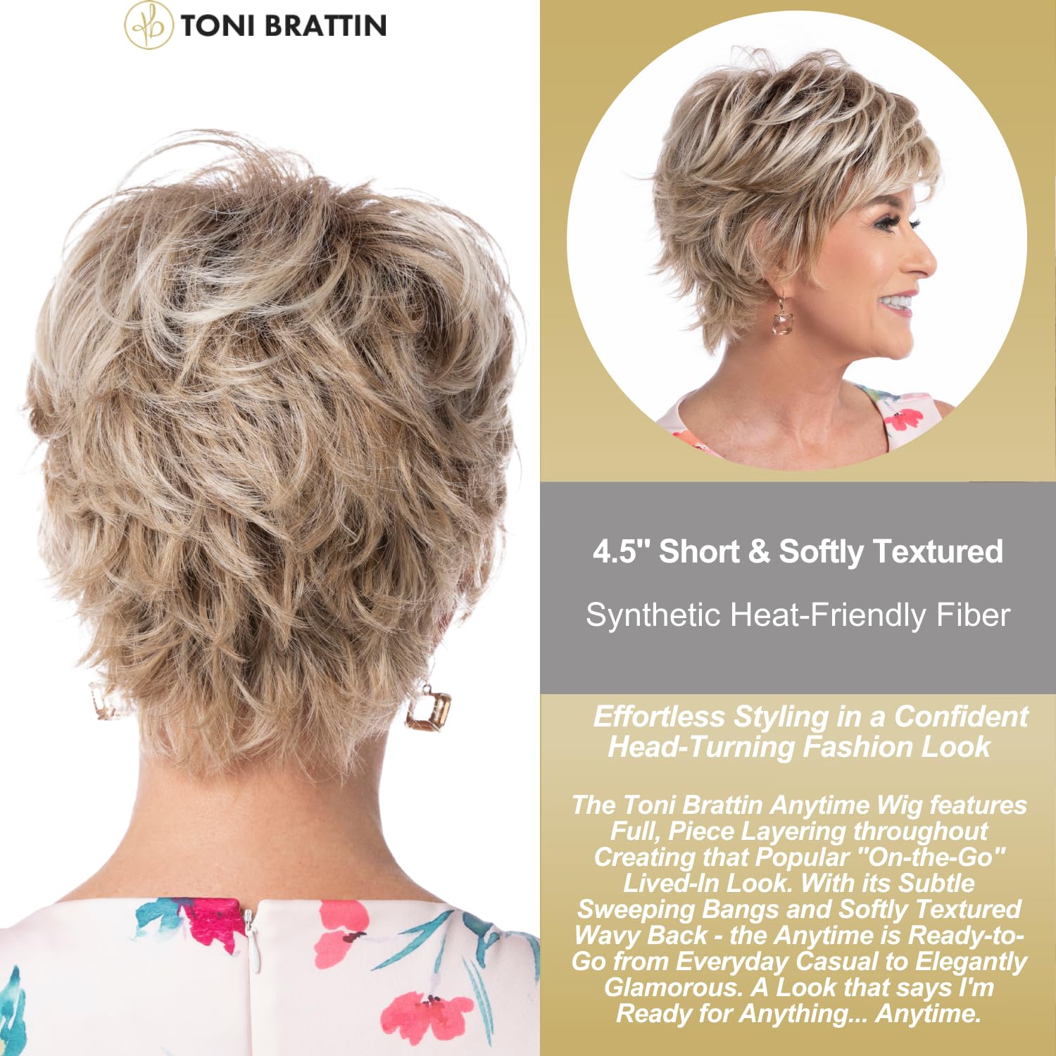 Toni Brattin Anytime Wig - Short Popular Cut with Subtle Sweeping Bangs & Textured Wavy Back - Heat-Friendly Synthetic Fiber Looks Like Natural Hair - Adjustable Comfortable Wig (Brown Blonde, Plus Size) - Perfect for Daily Wear, Cosplay, and Special Occasions